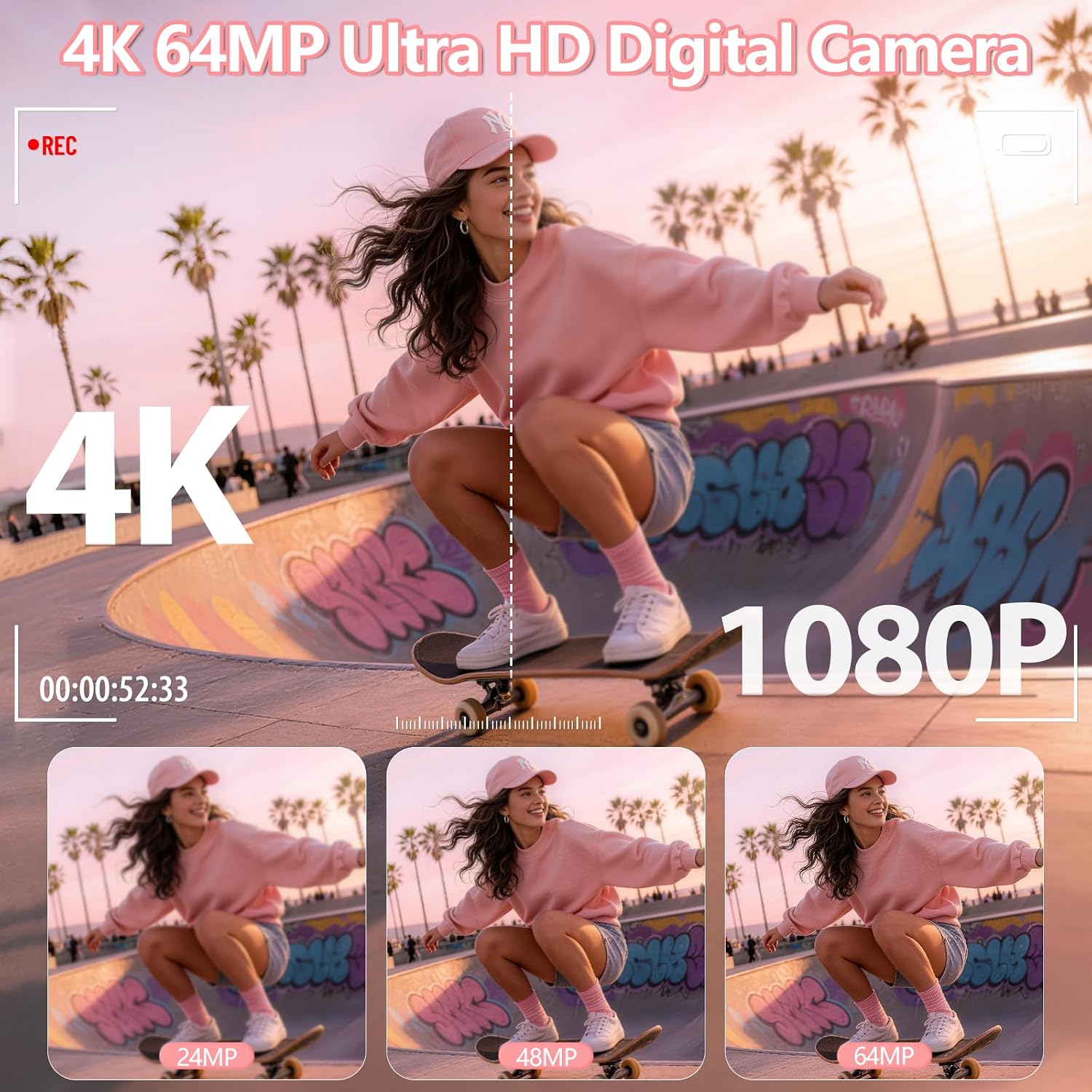 4K Digital Camera for Photography, 64MP Vlogging Camera for YouTube with 3" 180° Flip Screen, WiFi Compact Camera with 18X Digital Zoom, Comes with 32GB Micro SD Card & 2 Batteries, Black