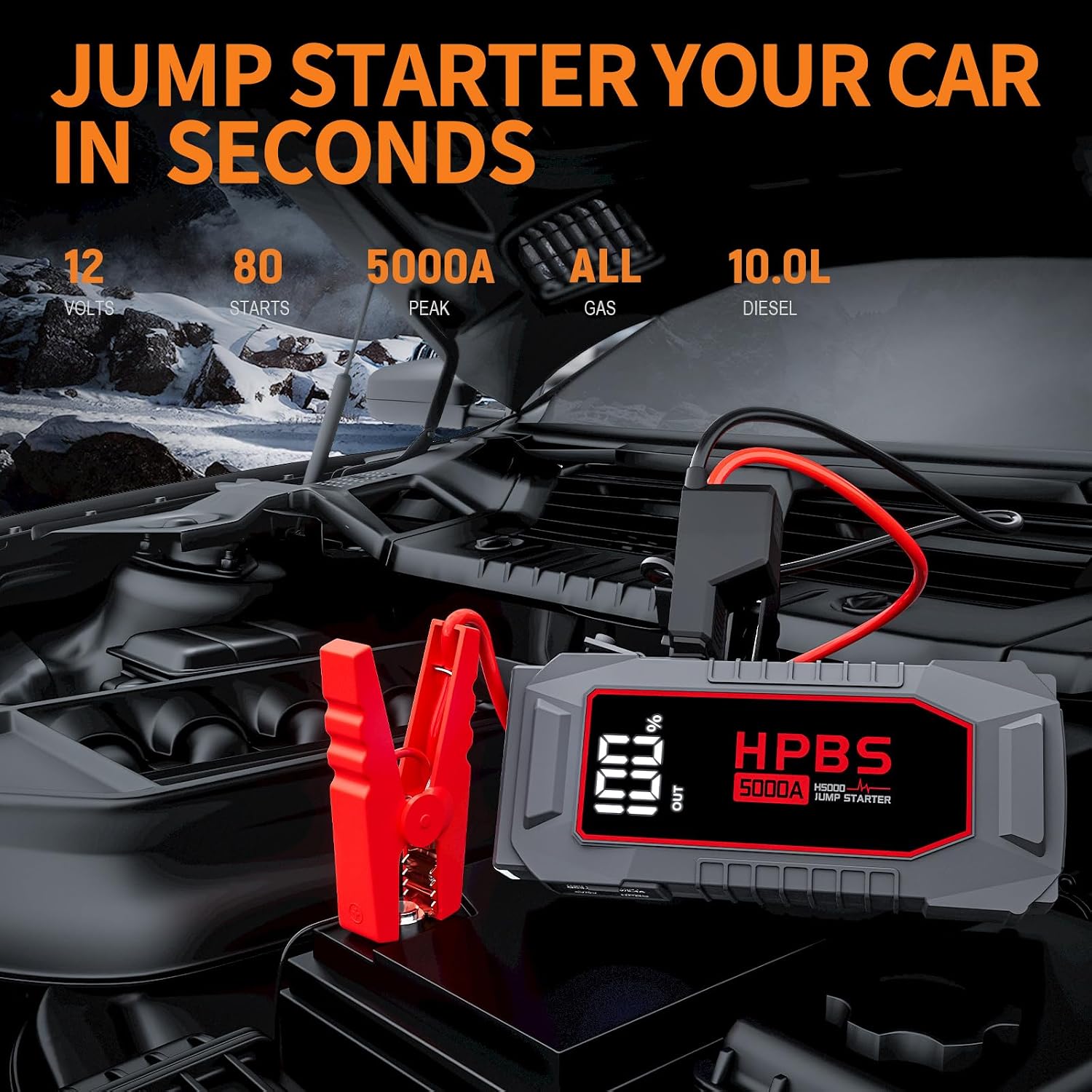 5000A Jump Starter with Air Compressor, Portable Car Battery Jump Starter with 150 PSI Tire Inflator for Up to 10.0L Gas and 8.0L Diesel Engines, 12V Jump Box Battery Charger Booster(Red)