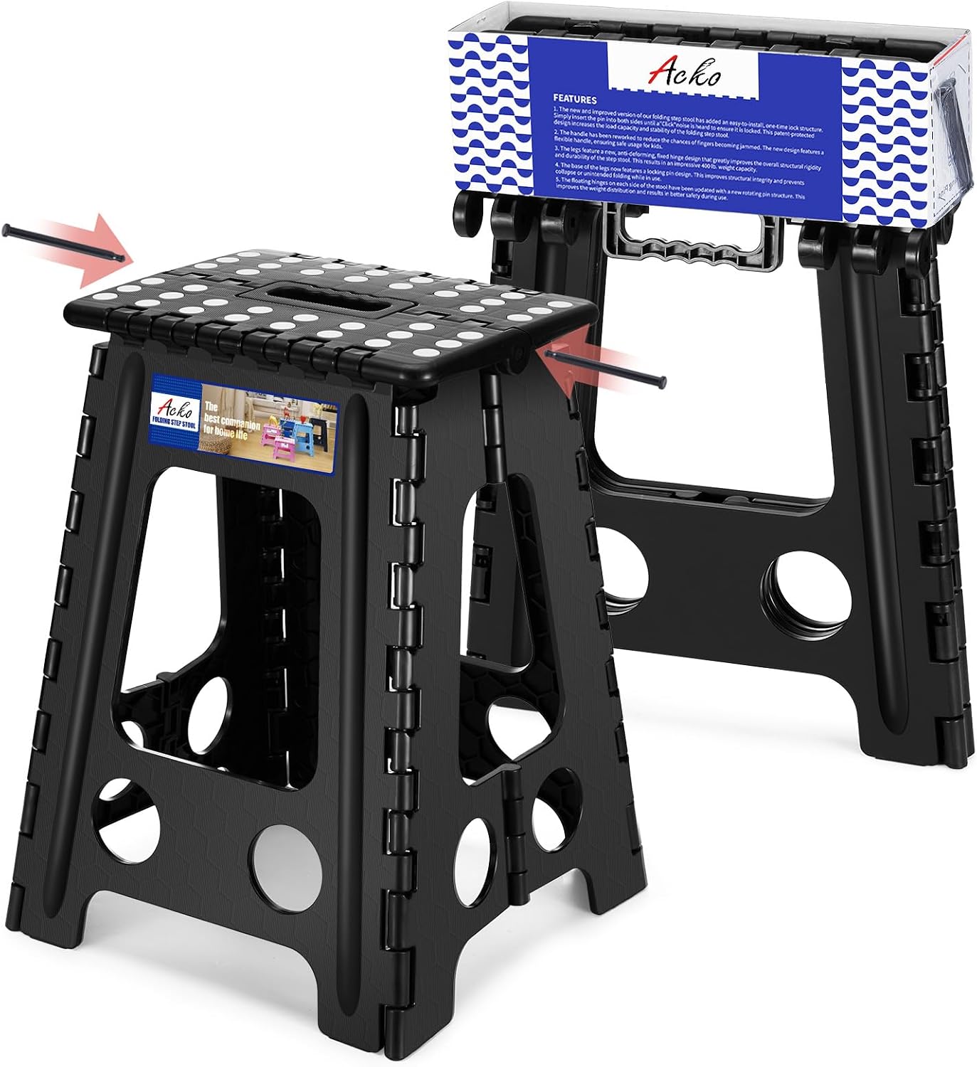 ACKO 13 Inch Folding Step Stool, Holds 300 lb for Adults and Kids, Black | Collapsible Heavy Duty Foldable Stools, Portable Non-Slip Foot Stepping stool, Kitchen Bathroom Bedroom Outdoor with Handle