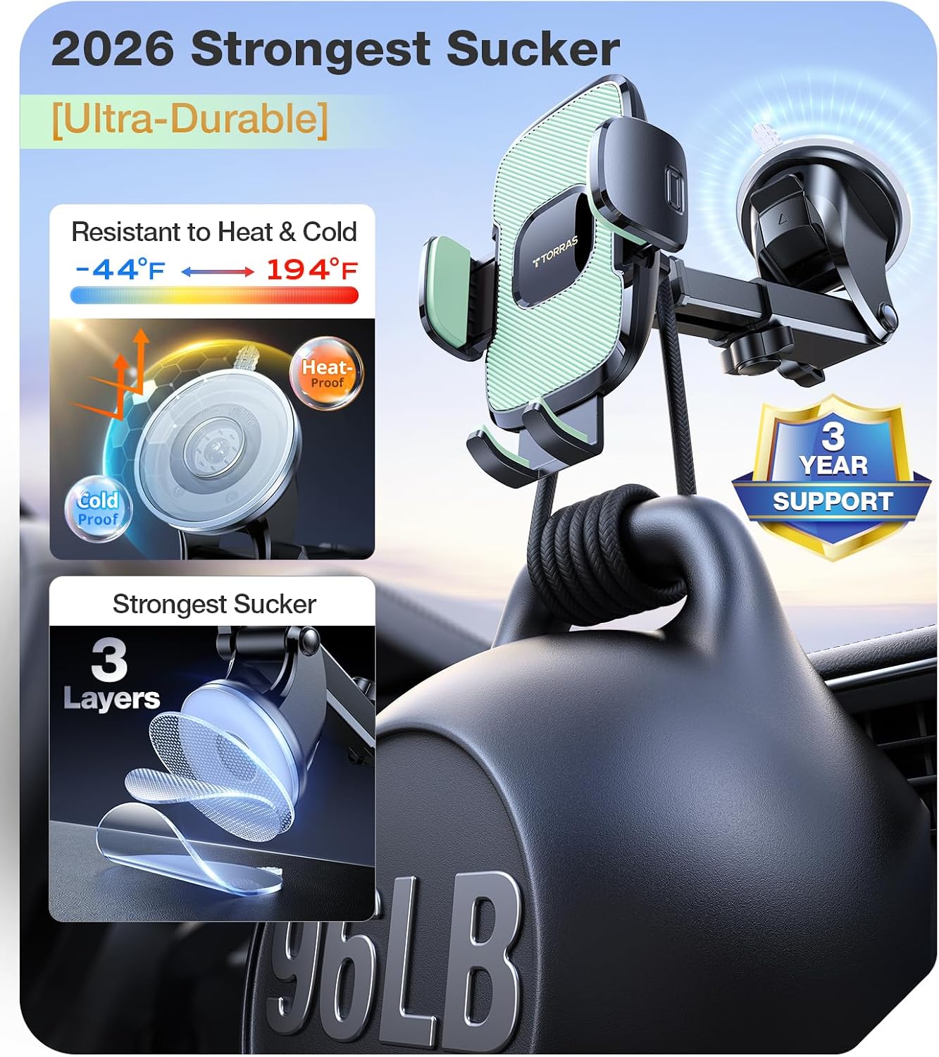 TORRAS Ultra-Durable Phone Holders for Your Car【96+LBS Strongest Suction】 Car Phone Holder Mount, Safety Certs Cell Phone Car Mount Truck for Dashboard Windshield Vent for iPhone 17 16 15 14 Pro Max