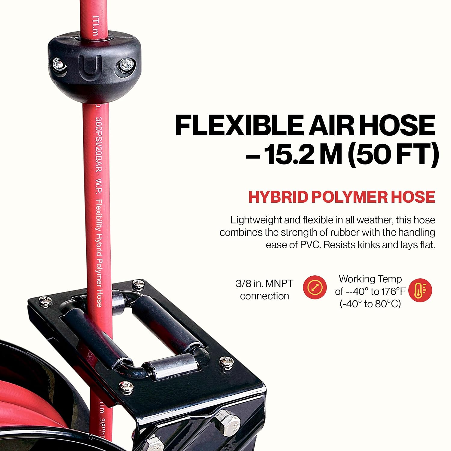 ReelWorks Retractable Air Hose Reel, 3/8" x 50 ft, 300 PSI, Hybrid | Keeps its hybrid hose flexible from -40°F to 176°F for year-round shop use