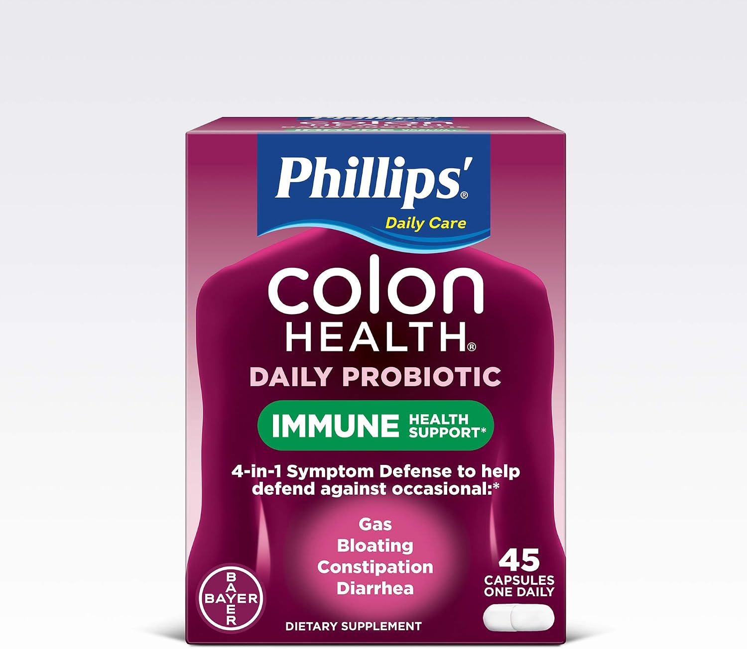 Phillips' Colon Health Daily Probiotic Capsules, 4-in-1 Symptom Defense to help defend against Occasional Gas, Bloating, Constipation, and Diarrhea, Daily Supplement, 30 Count