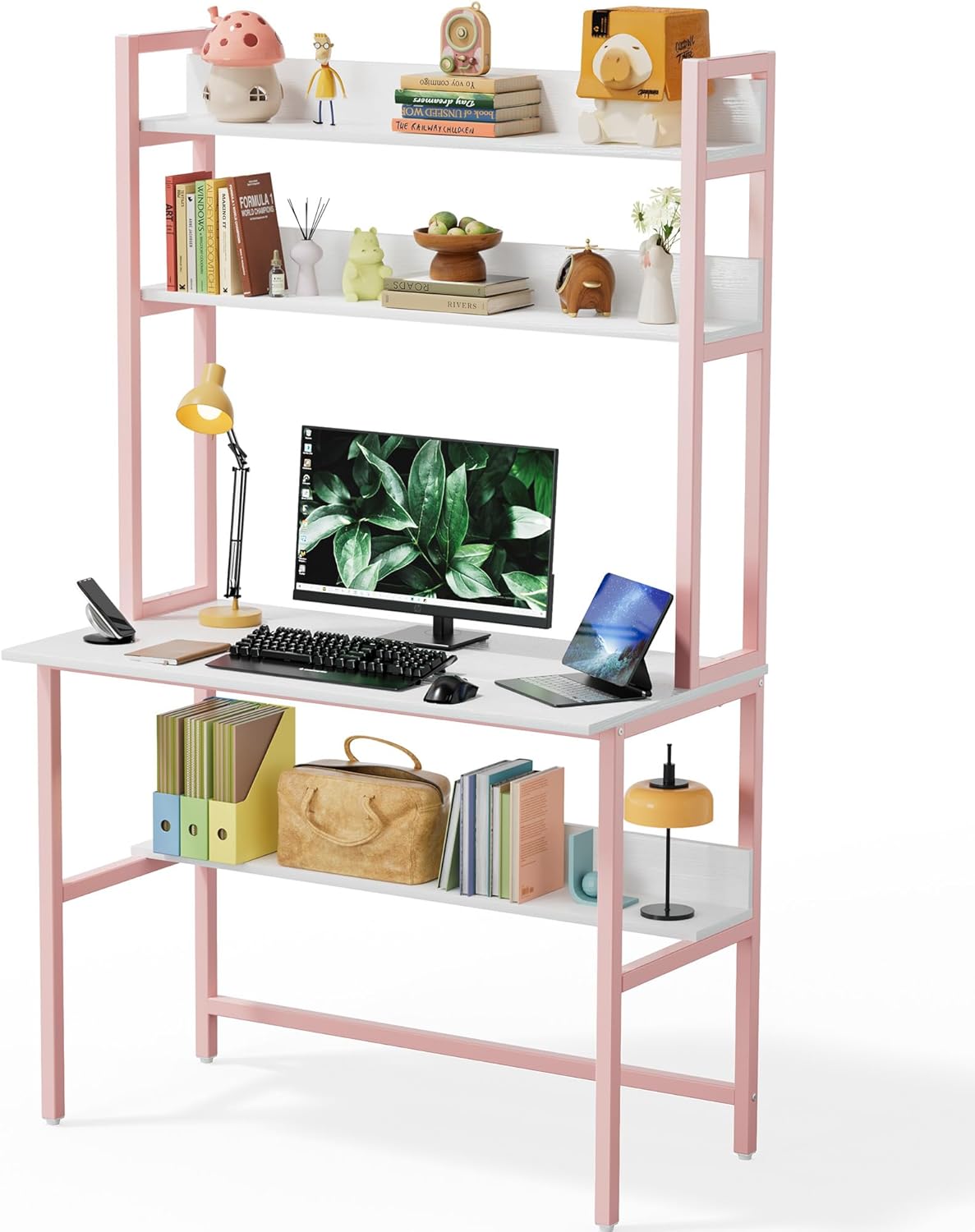 Aquzee Computer Desk with Shelves, 47" W x 23.6" D Gaming Desk with Hutch and Bookshelf