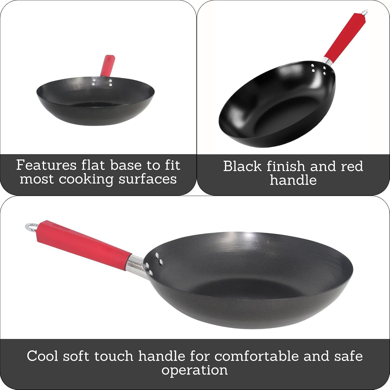 IMUSA 9.5 Inch Carbon Steel Nonstick Wok with Cool-touch Handle, Black | Cool-Touch Handle, Ideal for Stir Fry, Great for Everyday Meals