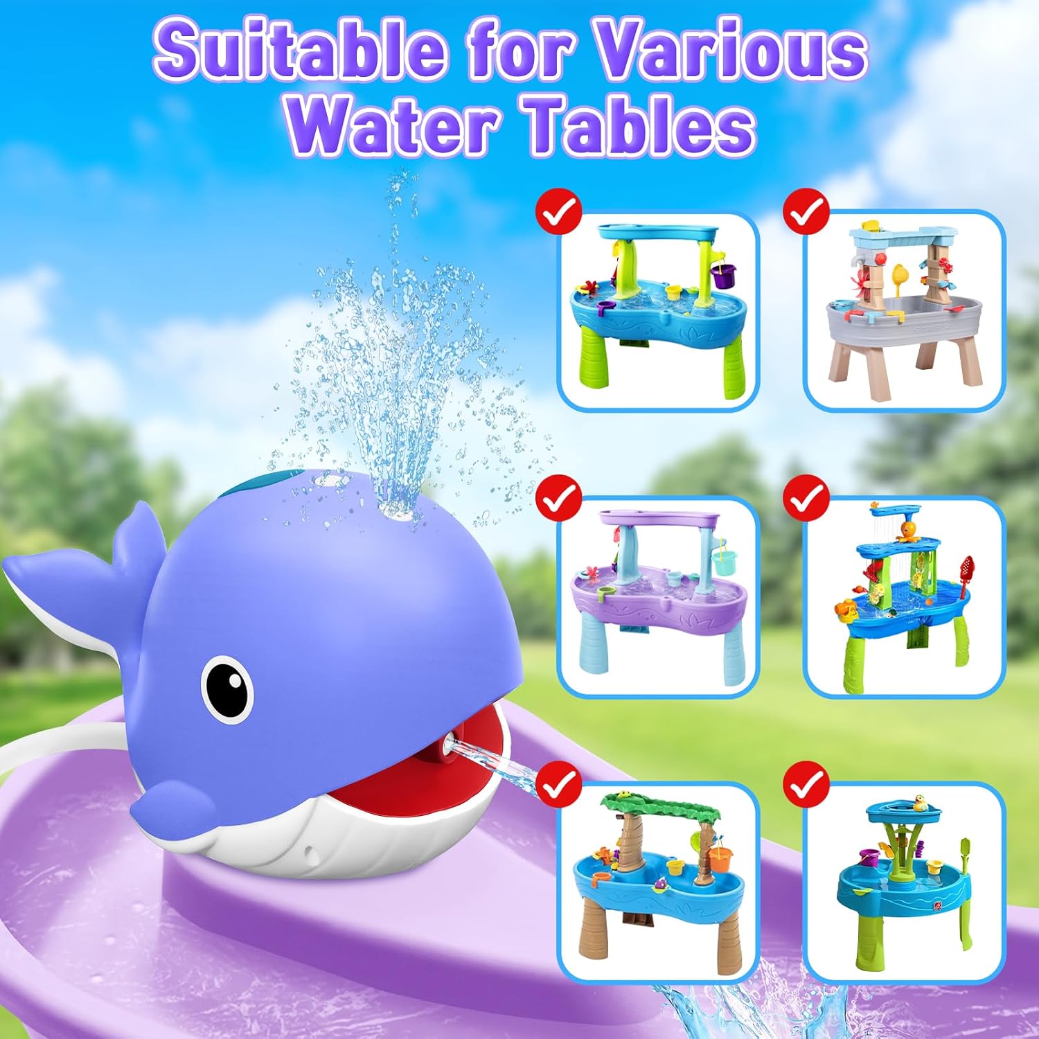 Infowush Water Table Pump, Rechargeable Water Pump for Water Table, Blue | Whale Pump with Sprinkler, 3.5 Hours Non-Stop Fun, Summer Outdoor Water Toys, Outside Water Play Table Accessories for Kids