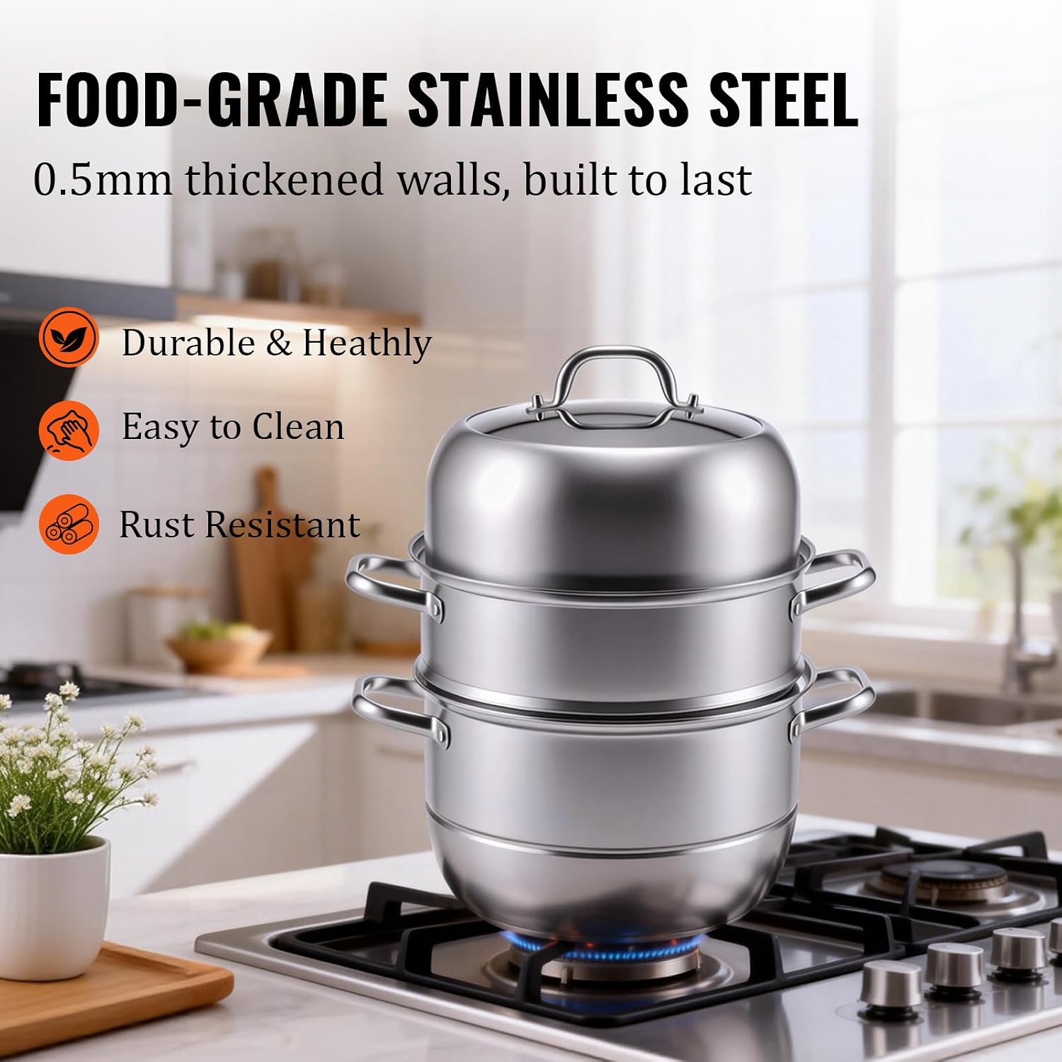 3-Tier 24 Qt Stainless Steel Steamer Pot with Glass Lid – Multi-Layer Stackable Cookware for Tamales