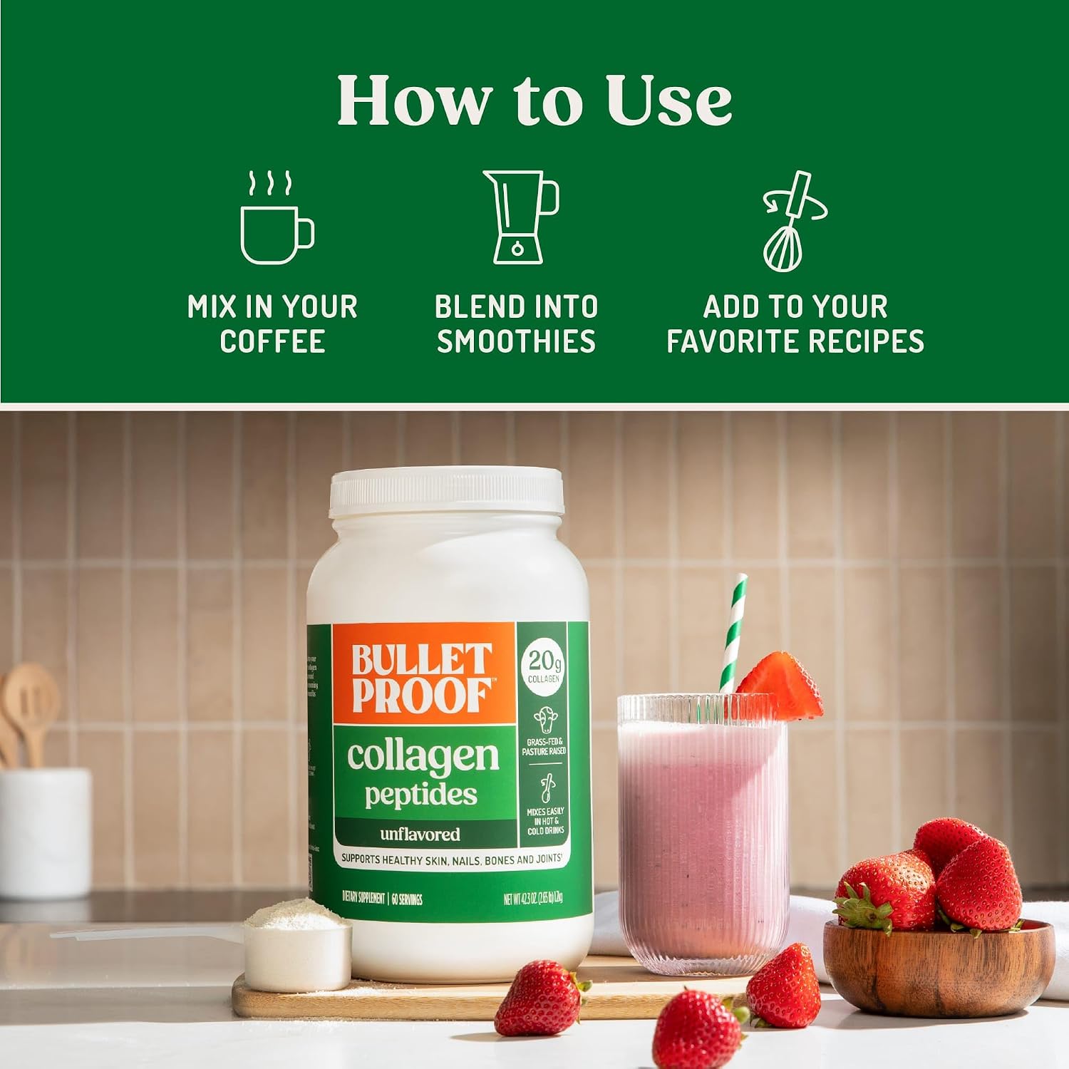 Bulletproof Unflavored Collagen Peptides Protein Powder, 17.6 oz | 20g Grass-Fed Pasture-Raised Collagen Protein and Amino Acids for Skin, Bones and Joints