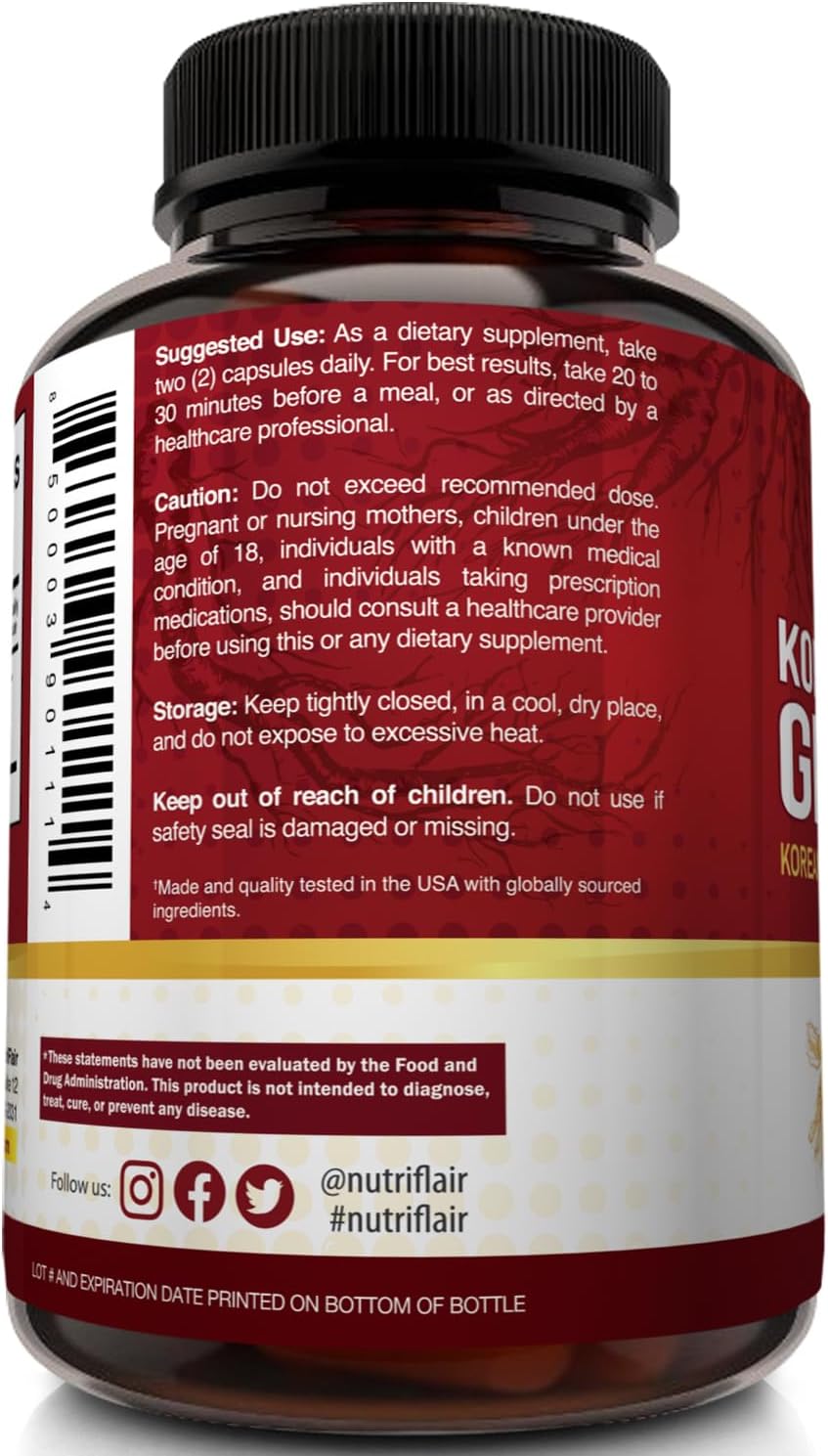 NutriFlair Korean Red Panax Ginseng 1600mg – 120 Vegan Capsules | 5% Ginsenosides | Non-GMO