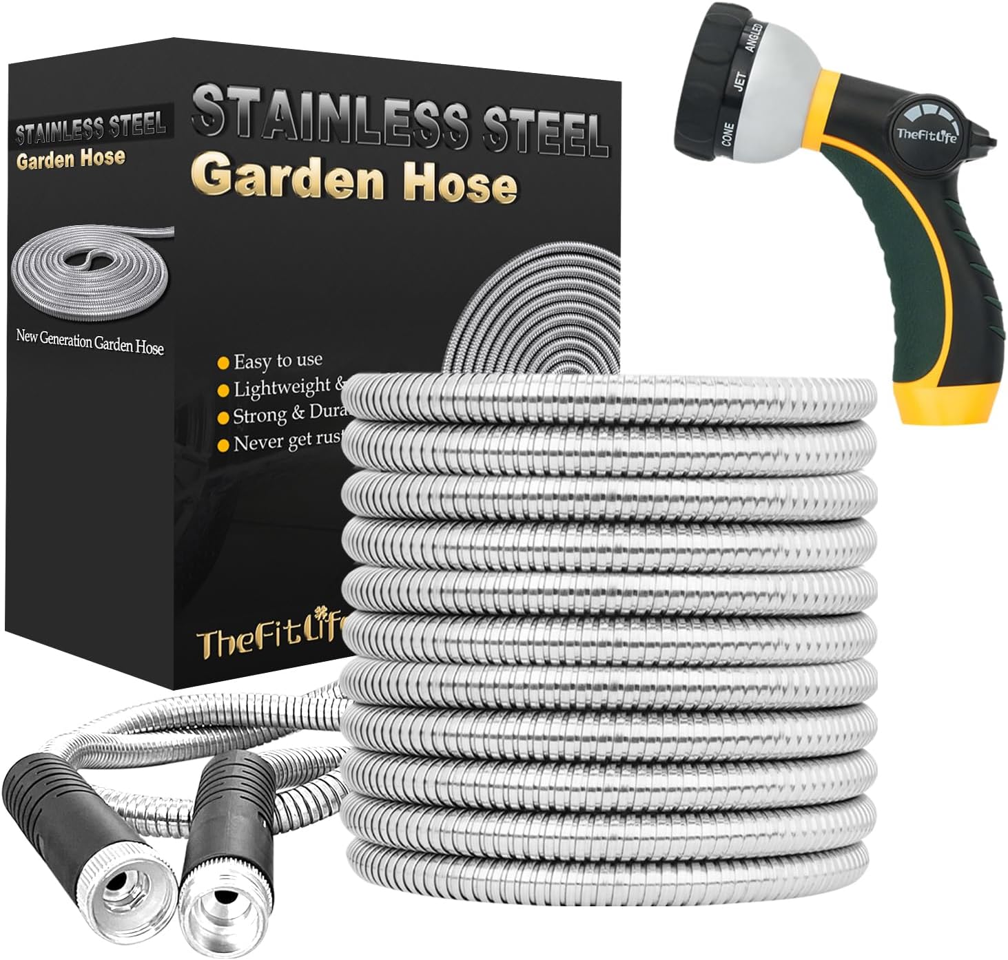 TheFitLife Flexible Metal Garden Water Hose - Upgrade Leak and Fray Resistant Design, Stainless Steel with Solid Fittings and Sprayer Nozzle