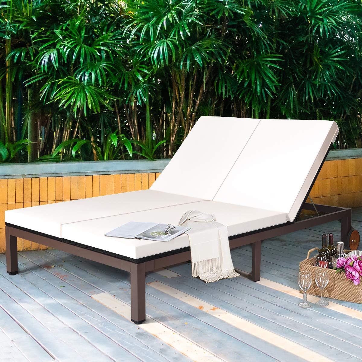Tangkula 2-Person Patio Lounge Chair, Outdoor Rattan Double Wicker Daybed Chaise with Adjustable Backrest Wheels & Cushion