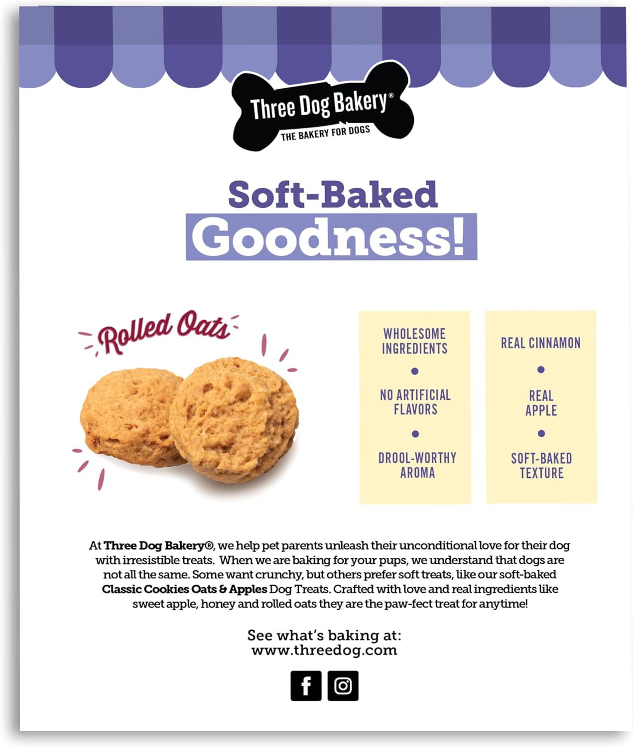 Three Dog Bakery Soft Baked Classic Cookies for Dogs - 13 oz Box | Oats & Apple Flavor - Made with Real Ingredients - Rolled Oats Dog Treats