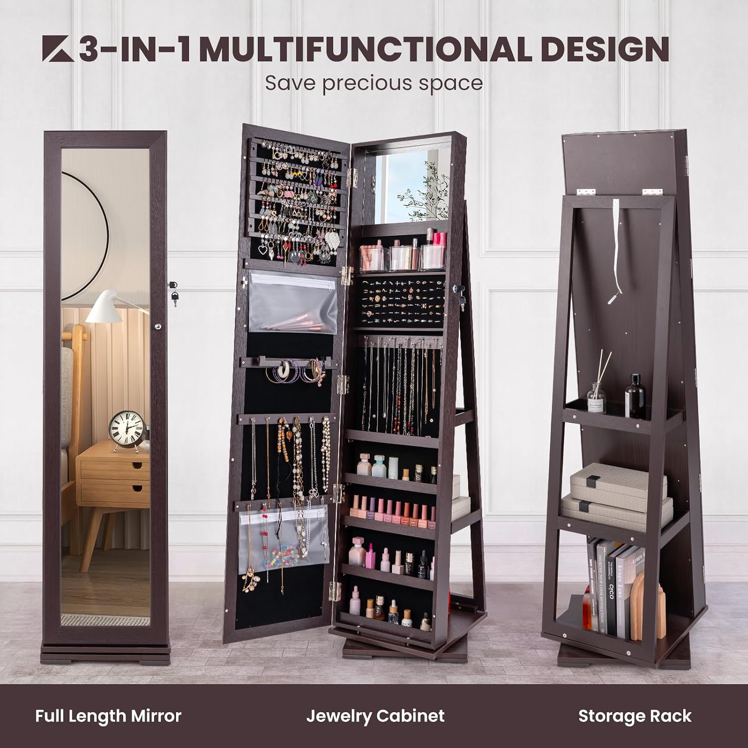 CHARMAID 360° Swivel Jewelry Armoire with Higher Full Length Mirror, Standing Lockable Jewelry Cabinet Organizer with Large Storage Capacity
