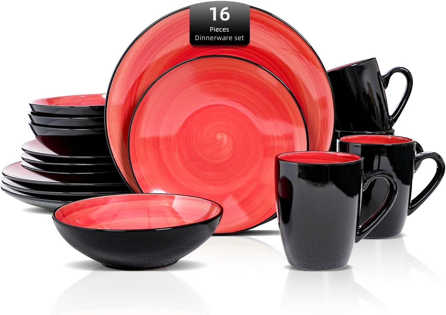 HomeVss, Sonoma Stoneware Dinnerware Set, Outside Black + Inside Hand Painting Color (16pc Set, Grey)