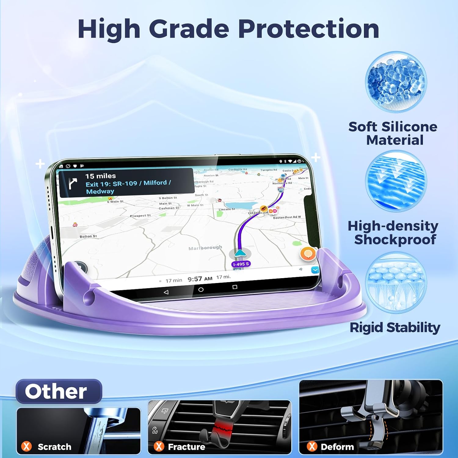 Loncaster Car Phone Holder, Car Phone Mount Silicone Car Pad Mat for Various Dashboards, Slip Free Desk Phone Stand Compatible with iPhone, Samsung, Android Smartphones, GPS Devices and More, Black