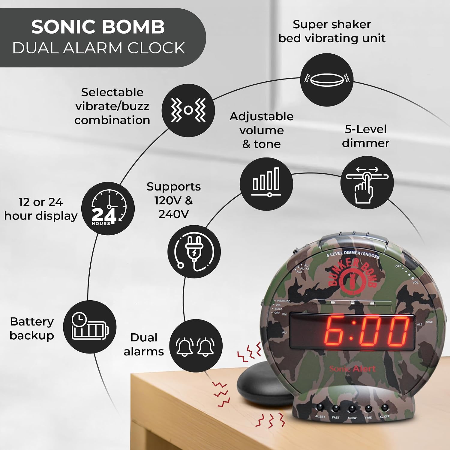 Sonic Bomb Dual Extra Loud Alarm Clock with Bed Shaker, Black | Sonic Alert Vibrating Alarm Clock Heavy Sleepers, Battery Backup | Wake with a Shake