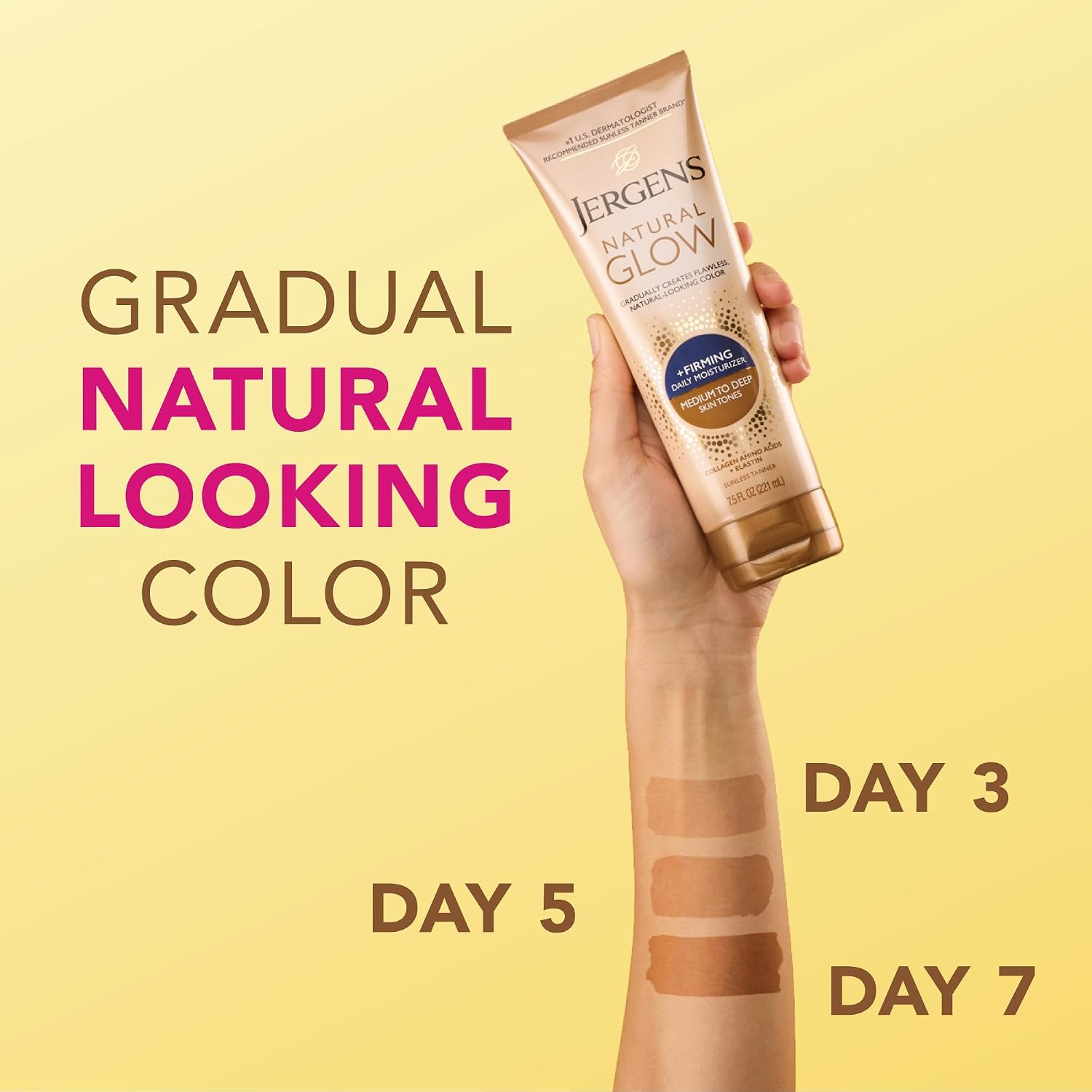 Jergens Natural Glow +Firming Self Tanner Body Lotion, Fair to Medium Skin Tone, Sunless Tanning Moisturizer with Collagen and Elastin. Helps to Visibly Reduce Cellulite, 7.5 Fl Oz | Sunless Tanning Moisturizer, Collagen and Elastin Formula, Reduces Cell…