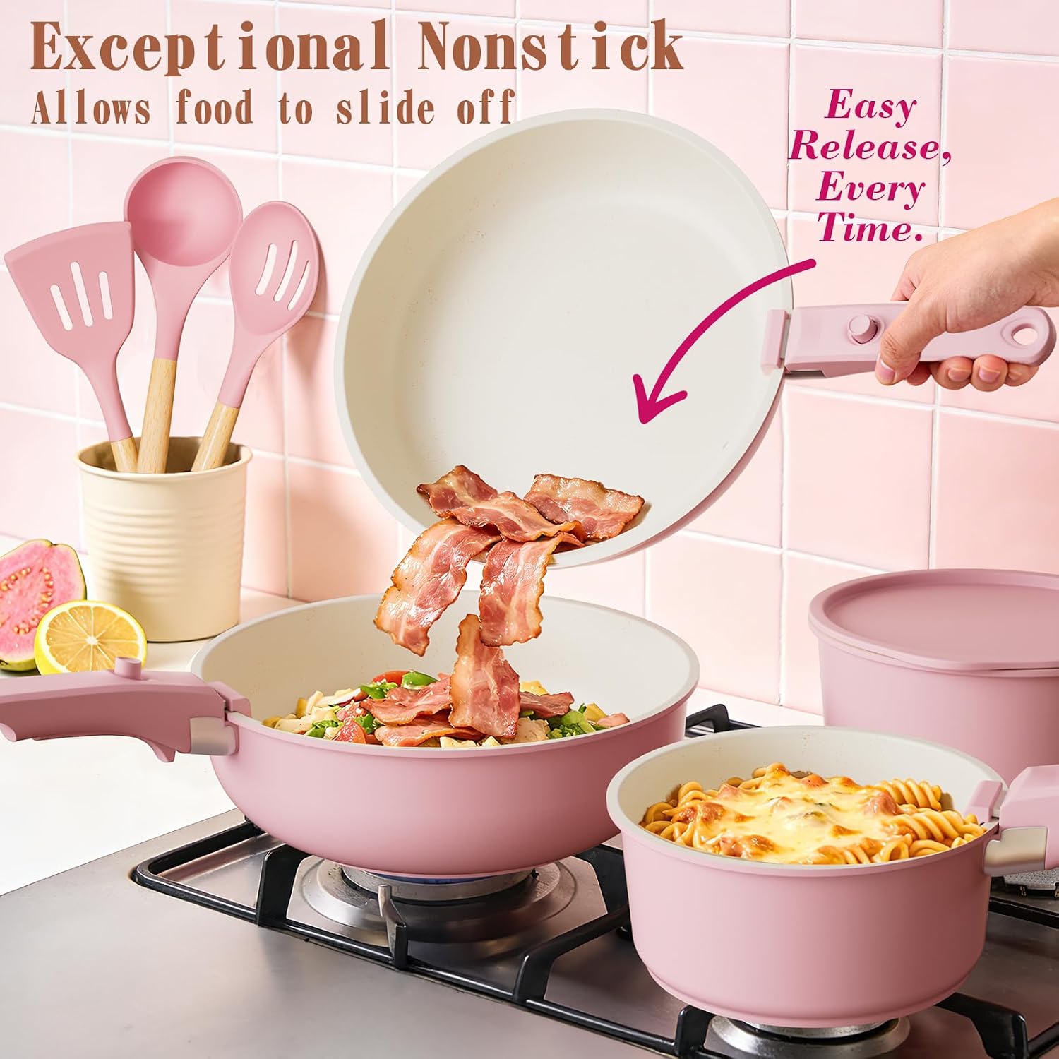 Umite Chef Non Stick Pots and Pans Set, 21 Pcs Ceramic Kitchen Cookware Set with Detachable Handle, Nonstick Healthy Induction Cookware, Dishwasher RV Cookware Set, Oven Safe, Stackable, Sage Green