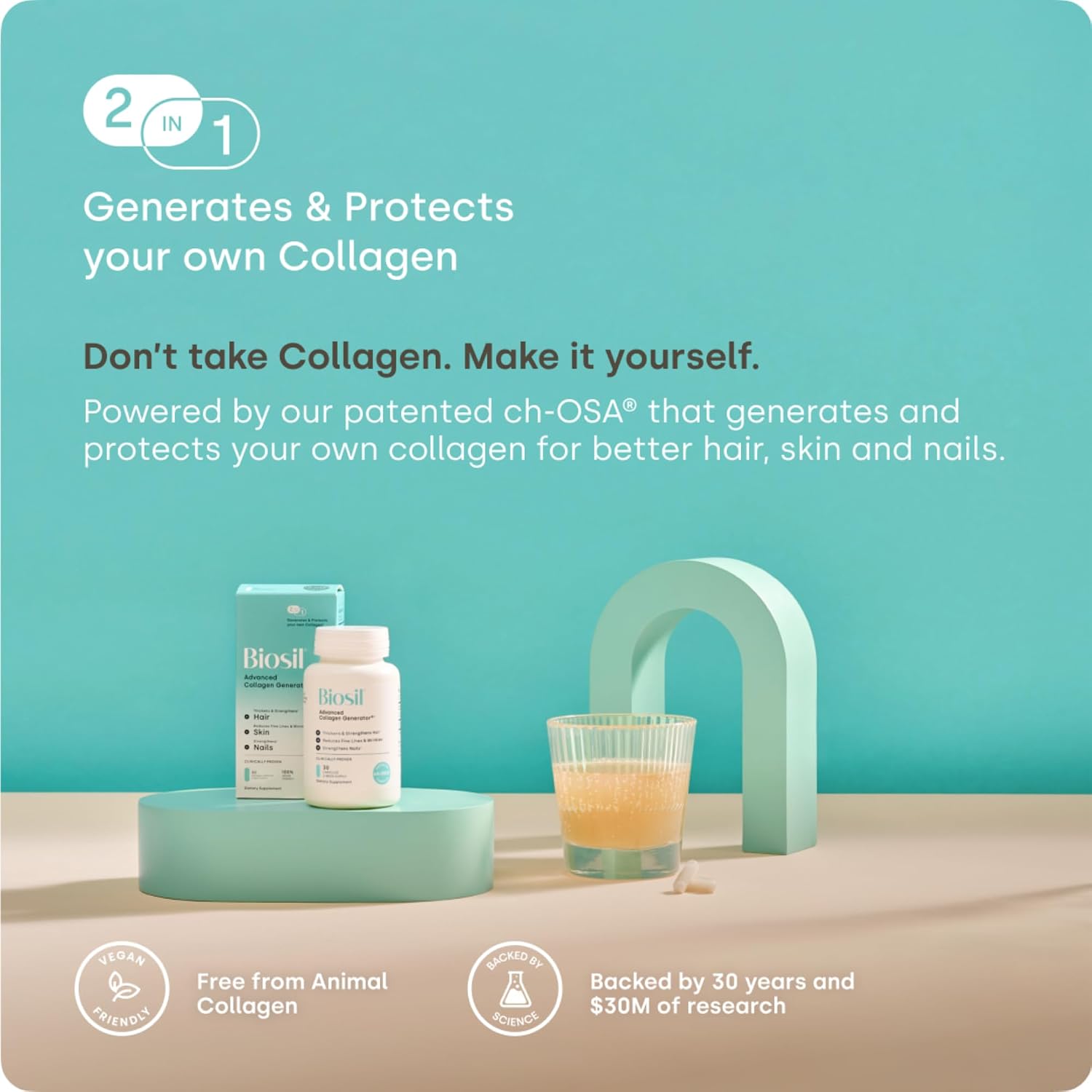 Biosil Collagen Booster Supplement - 120 Original Capsules - Patented ch-OSA Activator for Skin, Hair, Nails & Joints - Supports Natural Production - 60-Day Supply