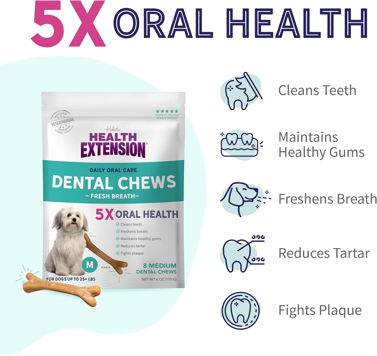 Health Extension Probiotic Dental Bones for Dogs, 14 Small Bones, Cleans Teeth, Healthy Gums, Freshens Breath, Training or Reward, 6 oz Bag (Pack of 1)