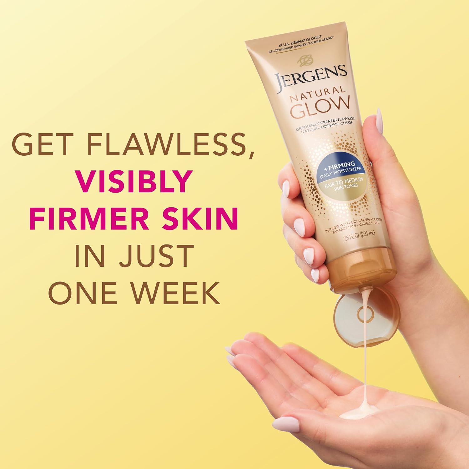 Jergens Natural Glow +Firming Self Tanner Body Lotion, Fair to Medium Skin Tone, Sunless Tanning Moisturizer with Collagen and Elastin. Helps to Visibly Reduce Cellulite, 7.5 Fl Oz | Sunless Tanning Moisturizer, Collagen and Elastin Formula, Reduces Cell…