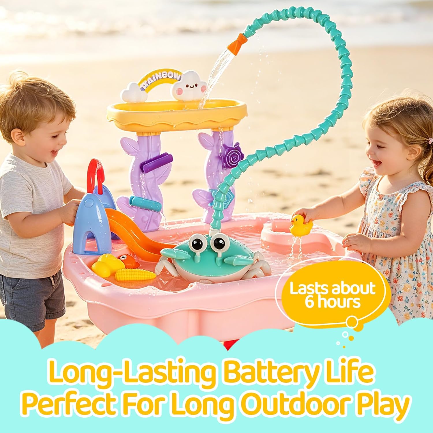 2026 Upgrade Water Table Pump, Rechargeable Crab Water Pump for Kids, Battery Powered 3 Modes Spray 2 Flow Settings, Continuous Flow 8 Hours