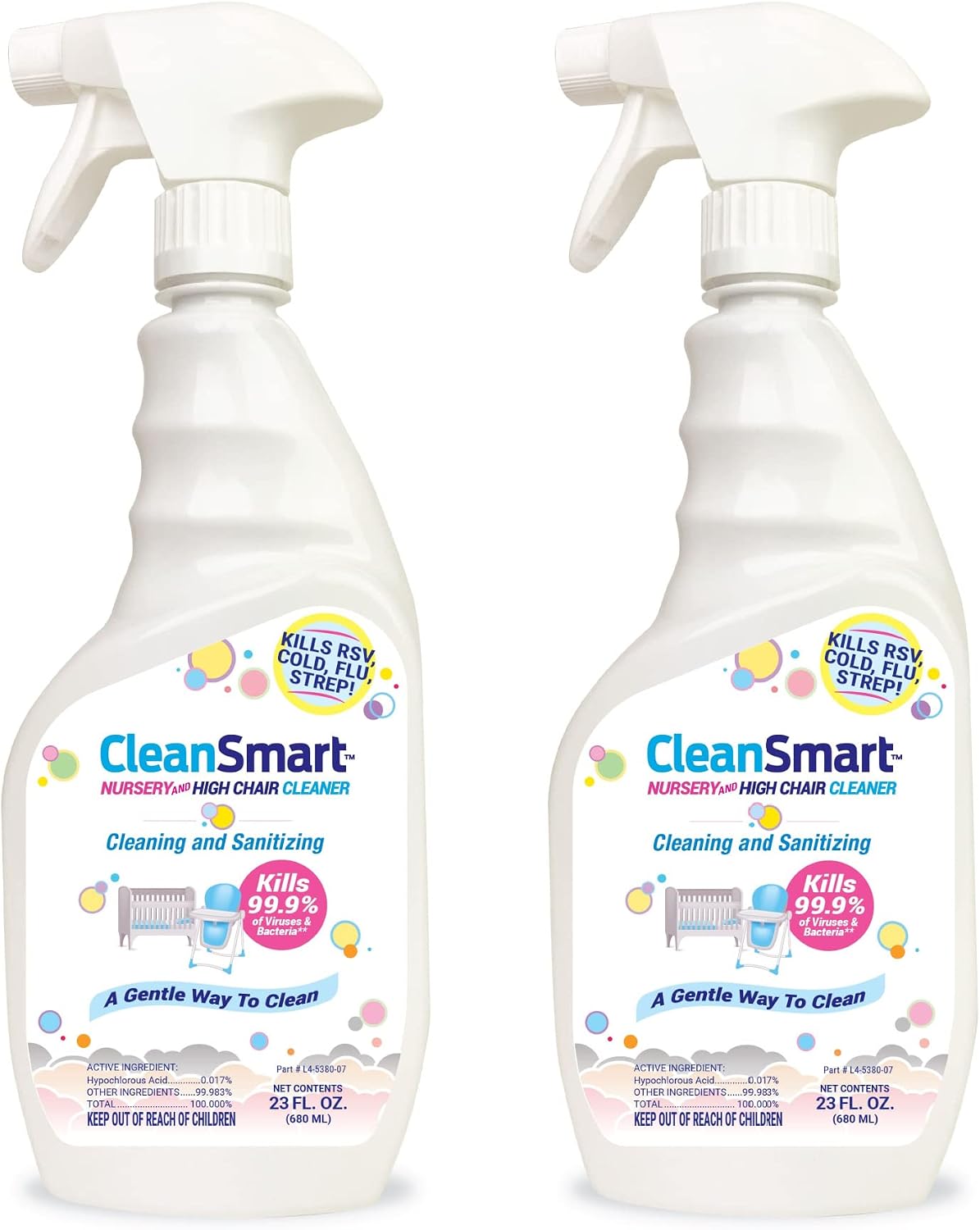 CleanSmart Nursery & High Chair Cleaner, Hypochlorous Acid, 23 oz (2 pack) | Naturally Kills 99.9% of Viruses like RSV and Flu, Zero Residue