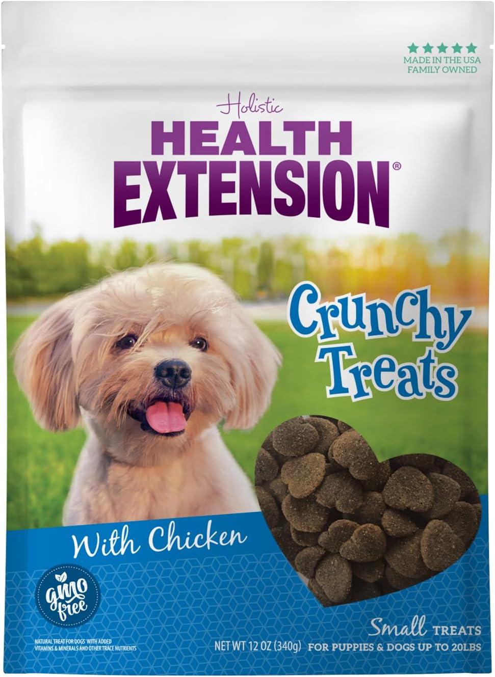 Health Extension Heart-Shaped Crunchy Biscuits, 12oz (340g) – Chicken Flavor, GMO-Free Dog Training Treats for Small Breeds