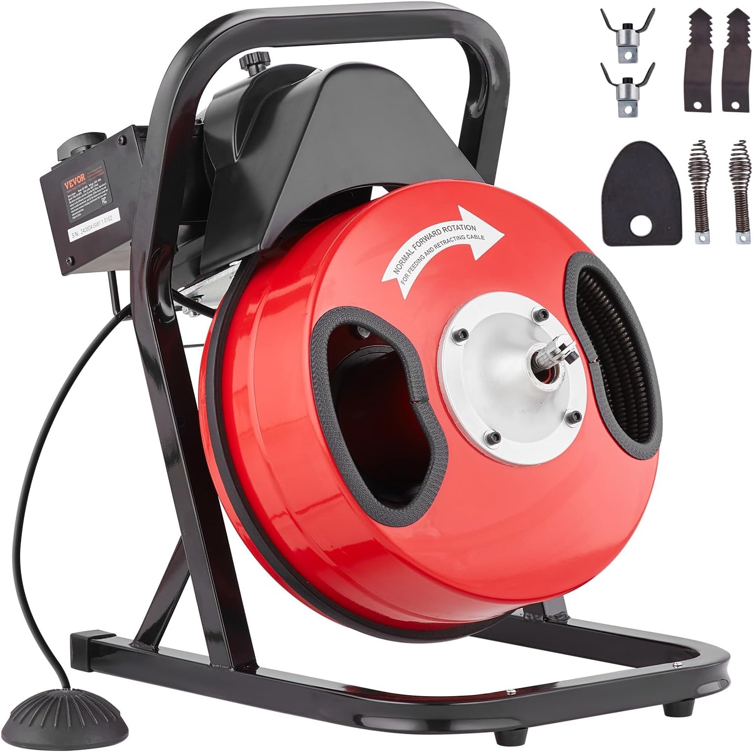 VEVOR Drain Cleaner Machine 50 FT x 1/2 Inch, Manual Feed Sewer Snake Auger with 4 Cutters & Air-Activated Foot Switch for 2" to 6" Pipes