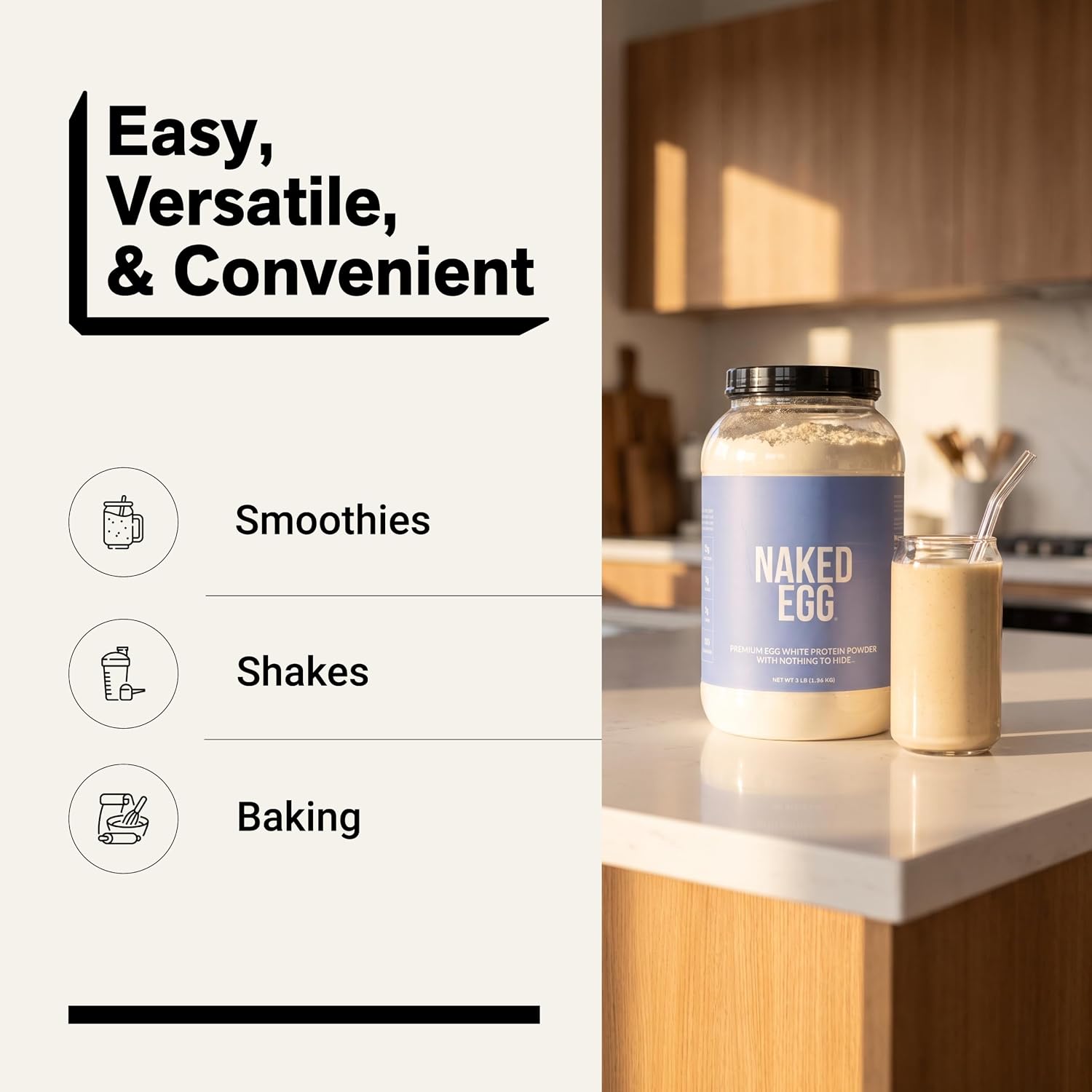 Naked 3LB Non-GMO Egg White Protein Supplement Powder, Unflavored, No Additives, Paleo, Dairy Free, Gluten Free, Soy Free – 25g Protein, 44 Servings