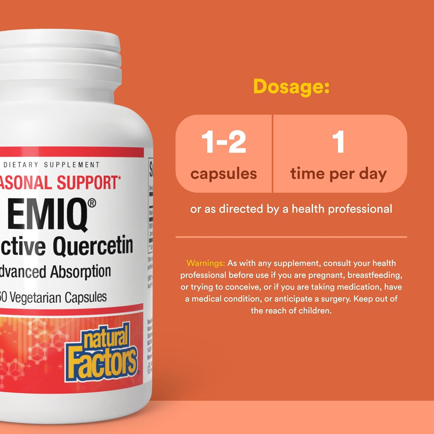 Natural Factors Bioactive Quercetin EMIQ - Immunity Support Supplement with Vitamin C - Quercetin for Upper Respiratory & Heart Health - 60