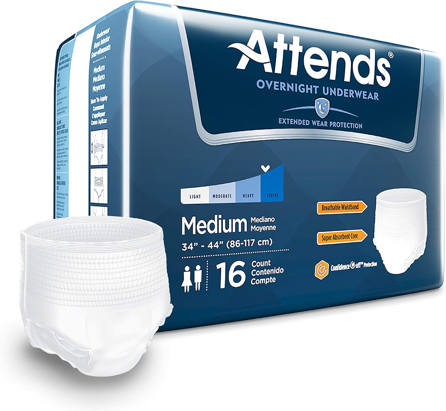 Attends Overnight Underwear for Adult Incontinence Care with ConfidenceCuff™ Protection, Overnight Absorbency, Unisex, X-Large, 12 Count (x4) | Unisex