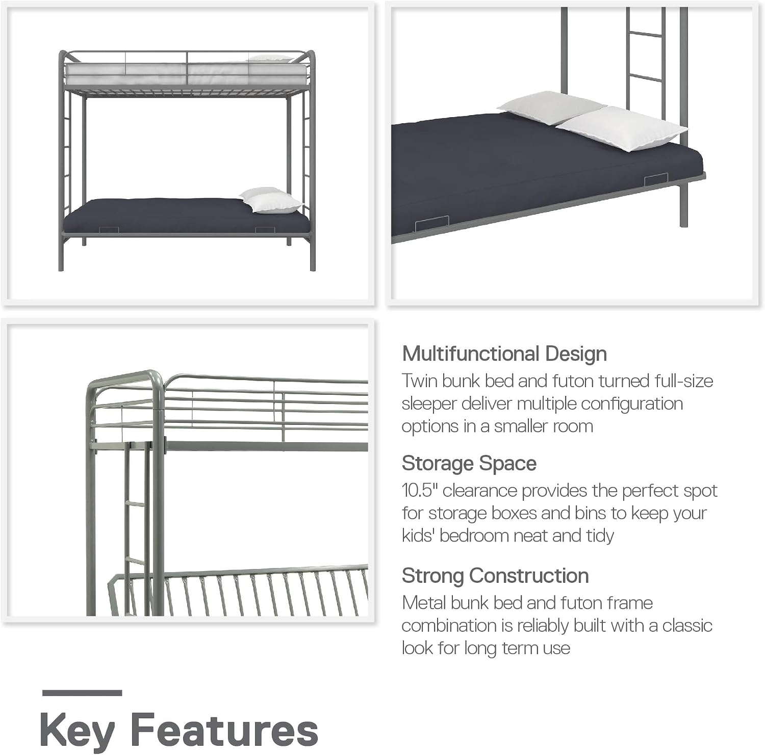 DHP Twin-Over-Futon Convertible Couch and Bed with Metal Frame, Ladder and Guardrails - Black