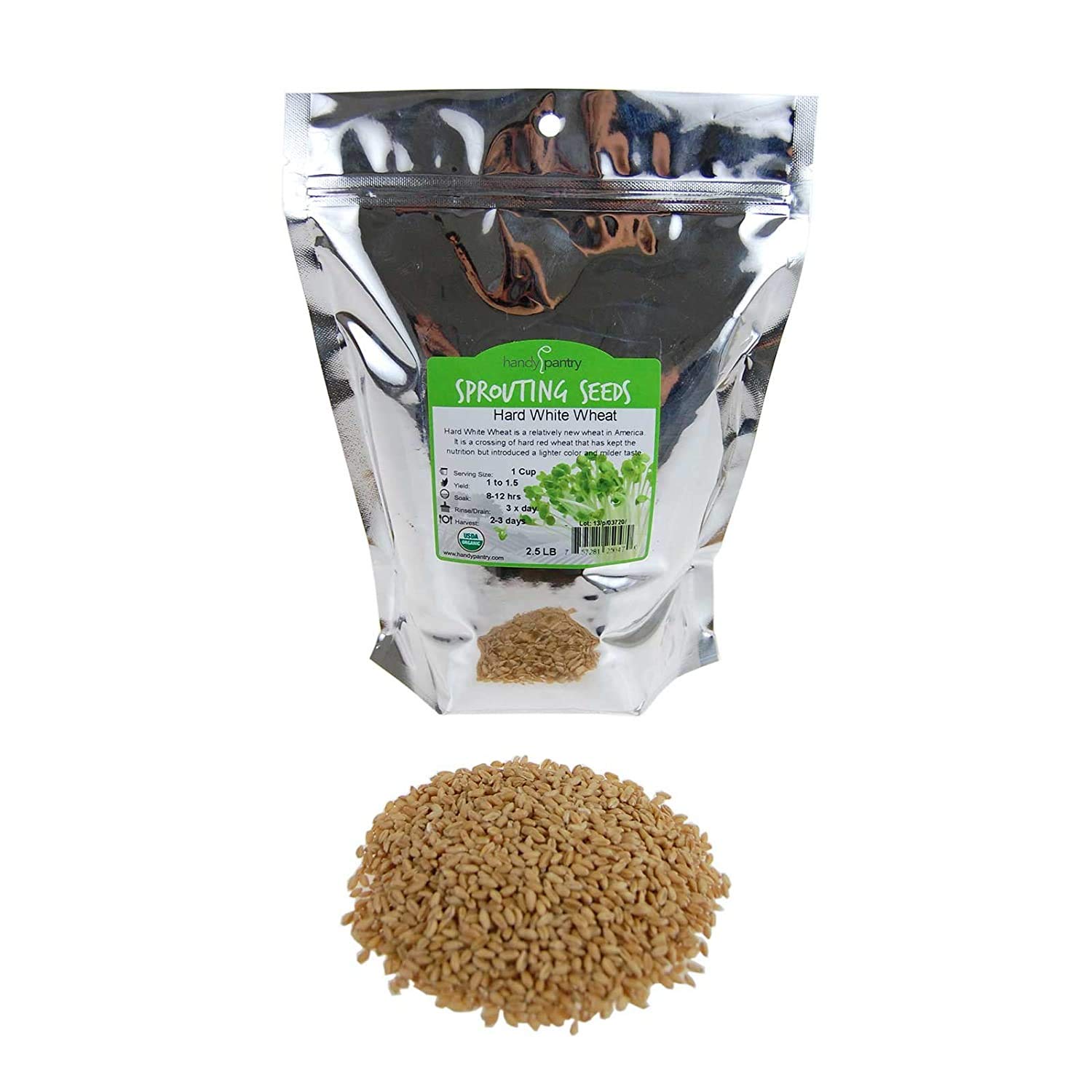 Handy Pantry Organic Whole Wheat Kernels - 2.5 Lb Non-GMO Hard White | Hard White Wheat Grain and Heirloom Seeds for Sprouting, Wheatgrass
