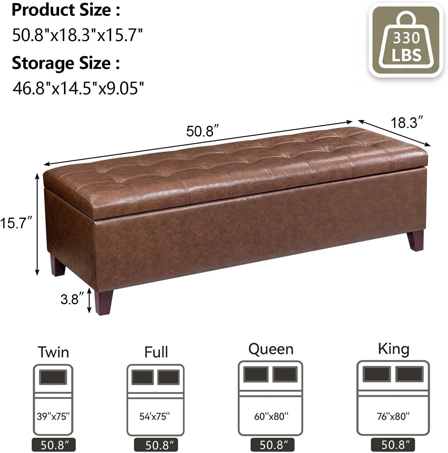 51 Inch Storage Bench,Leather Tufted Storage Ottoman with Legs | Safety Hinges,Wooden Legs,Upholstered,End of Bed,Bedroom,Living Room,Entryway,330LBS,Brown