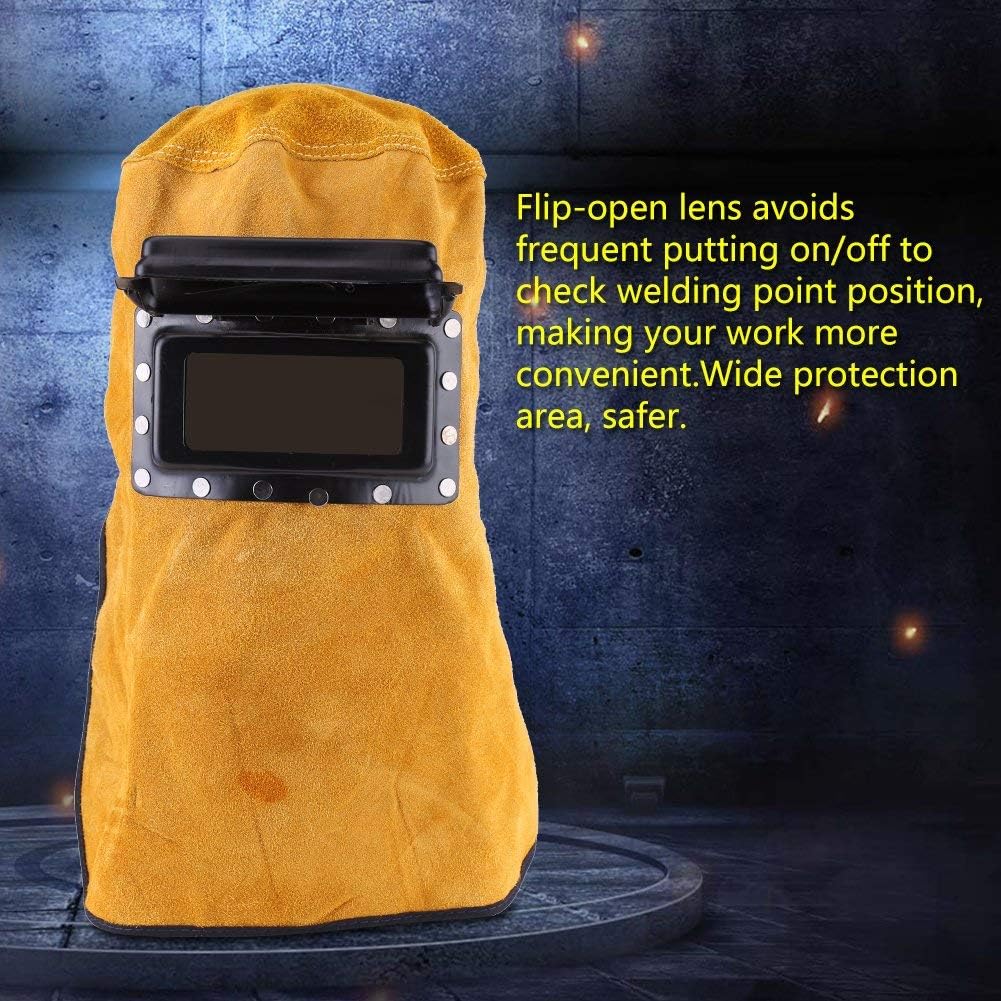 Leather Welding Hood with Flip-Up Lens, Heat Resistant Face Neck Shield