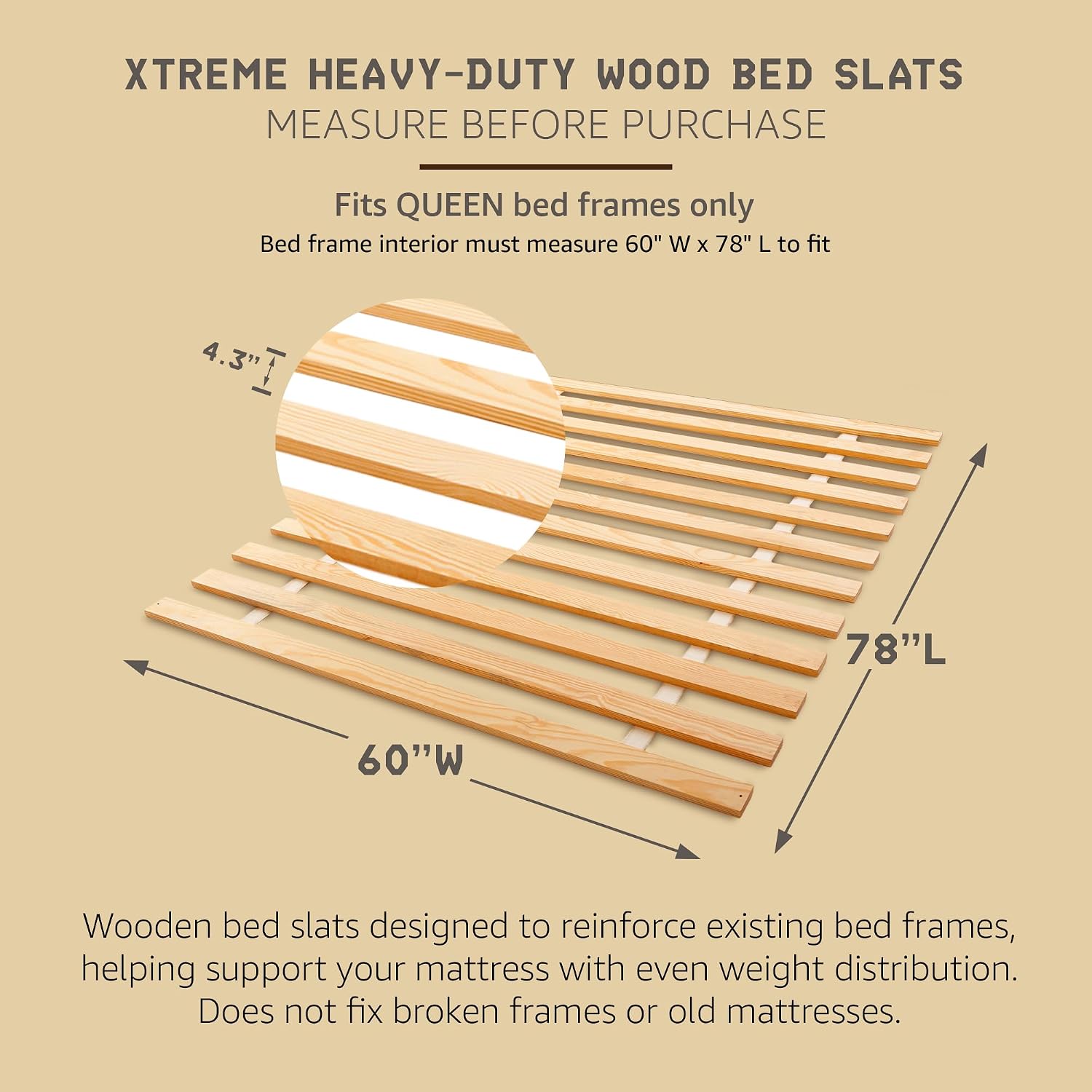 Hercules Xtreme Bed Frame Support Slats, Heavy-Duty Solid Pine Wood | Bunkie Board Under Bed-Support, Wooden Support Board for Sagging, Queen Size