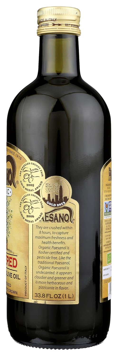 Paesanol Organic Extra Virgin Olive Oil, Unfiltered, 33.8 Fl Oz (1L) | High Polyphenol, Premium First Cold Pressed, Hand Picked, Early Harvest in Sicily, Award Winning Italian EVOO