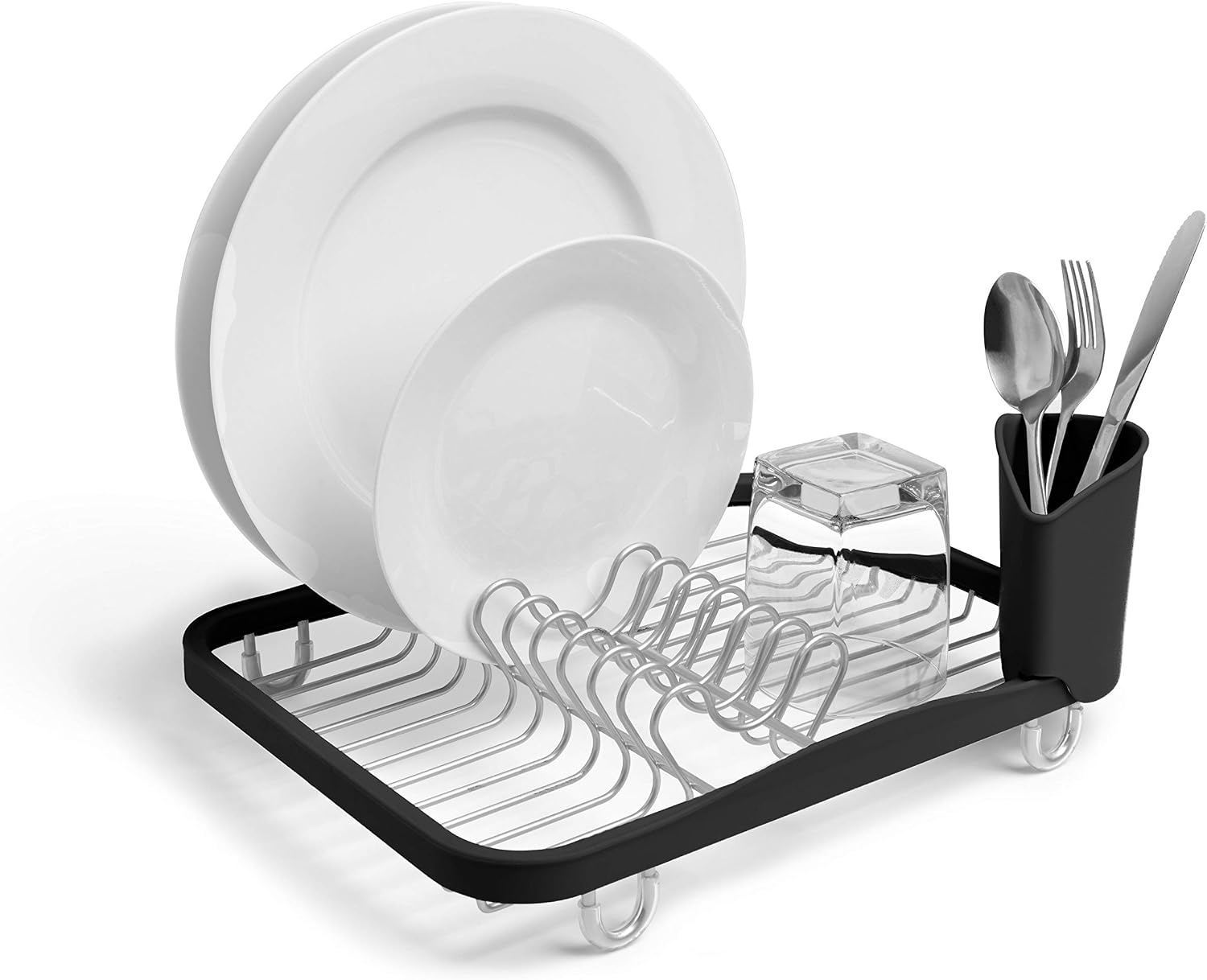 Umbra Sinkin Dish Drying Rack, in Sink or Countertop Drainer, Black/Nickel | Removable utensil holder, non slip rubber feet, fits standard sizes, coated wire and plastic