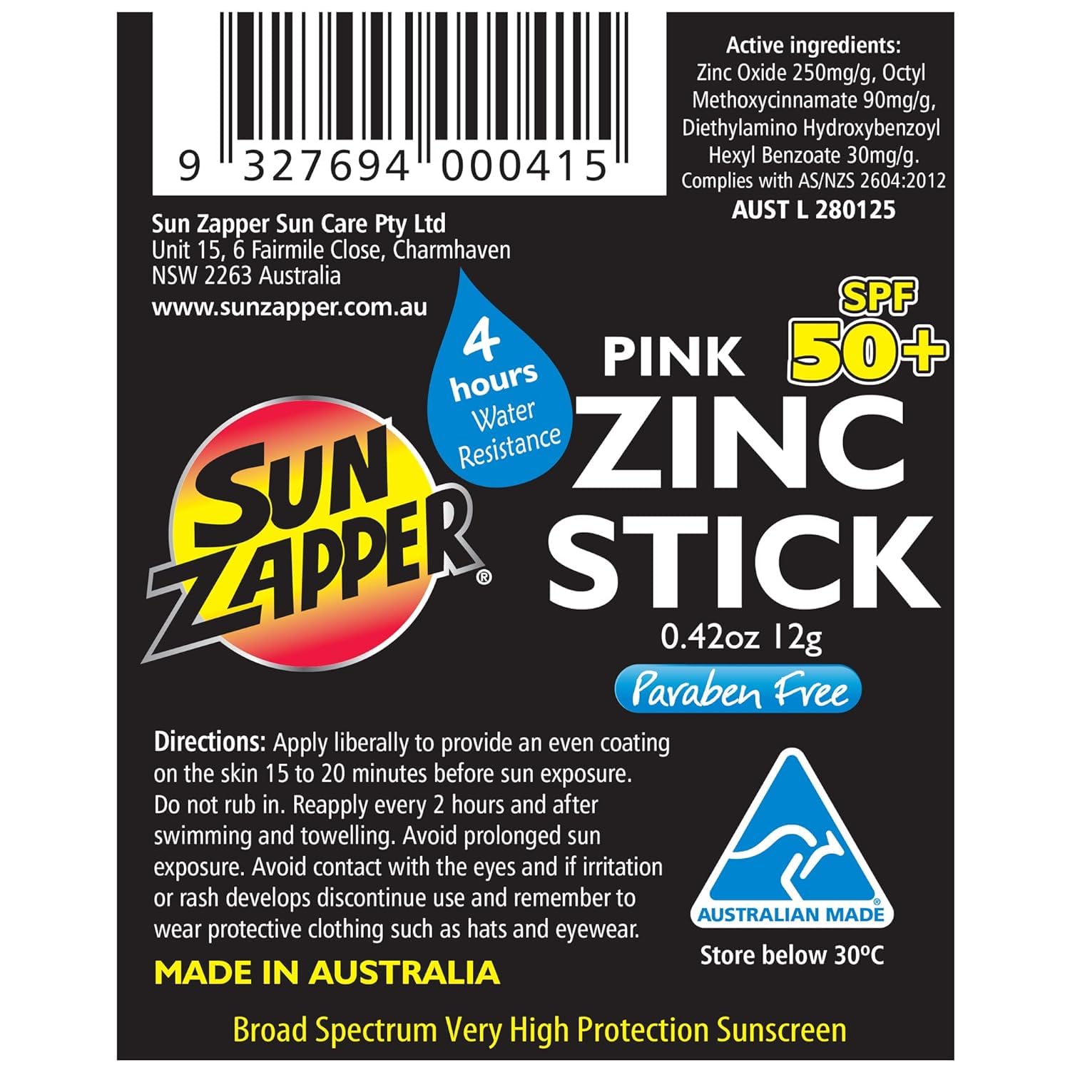 Sun Zapper Zinc Oxide Sunscreen Stick SPF 50+ Light Skin Tone – Mineral Sunscreen for Face and Body, Water Resistant Sunblock for Sensitive Skin,Travel Size 12g (0.42 oz), Australian Made