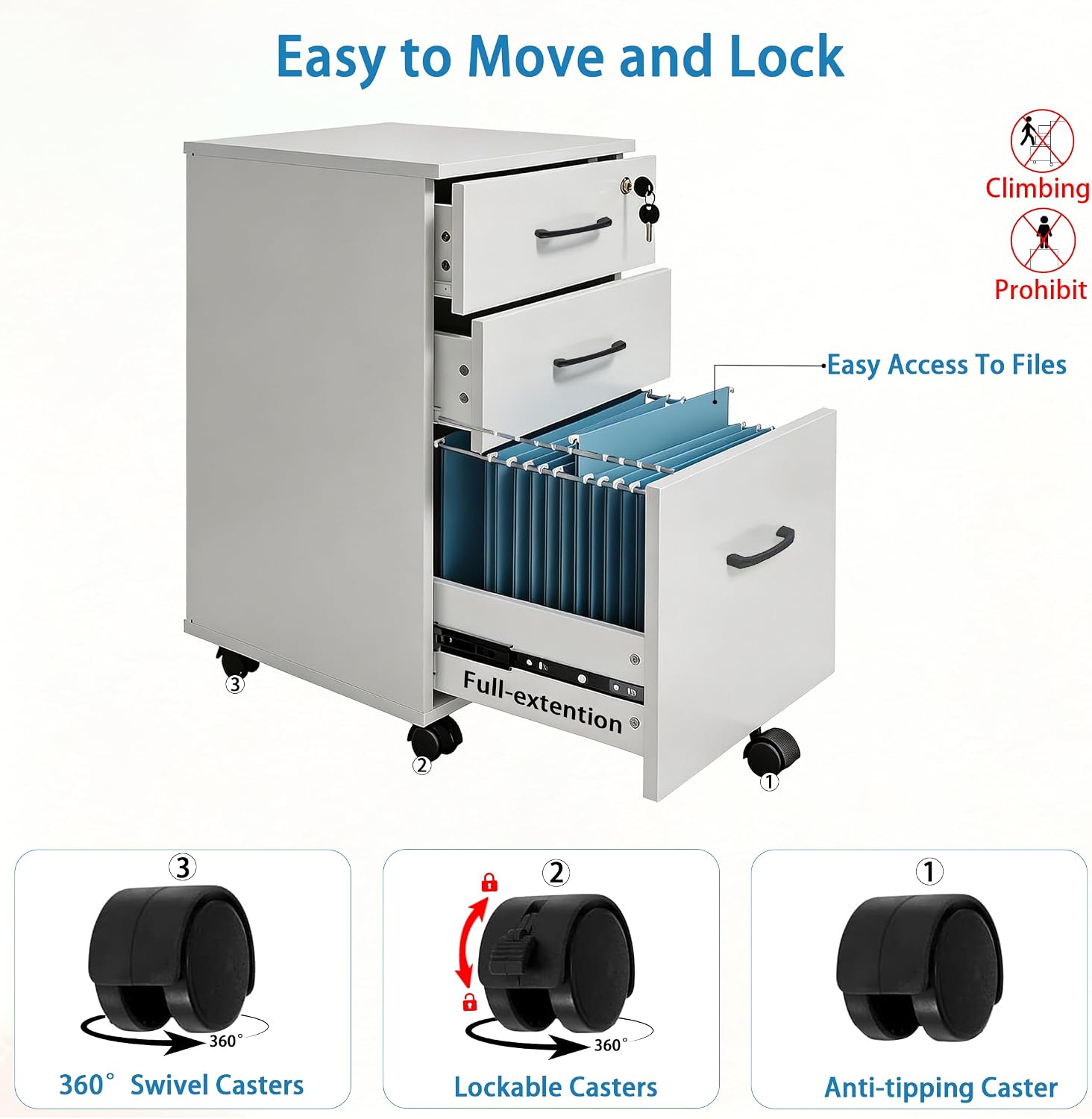 File Cabinet With Lock, 3 Drawer Wood Rolling Filing Under Desk for Home Office, Storage Fits Letter/A4 Size, Mobile Printer Stand, White