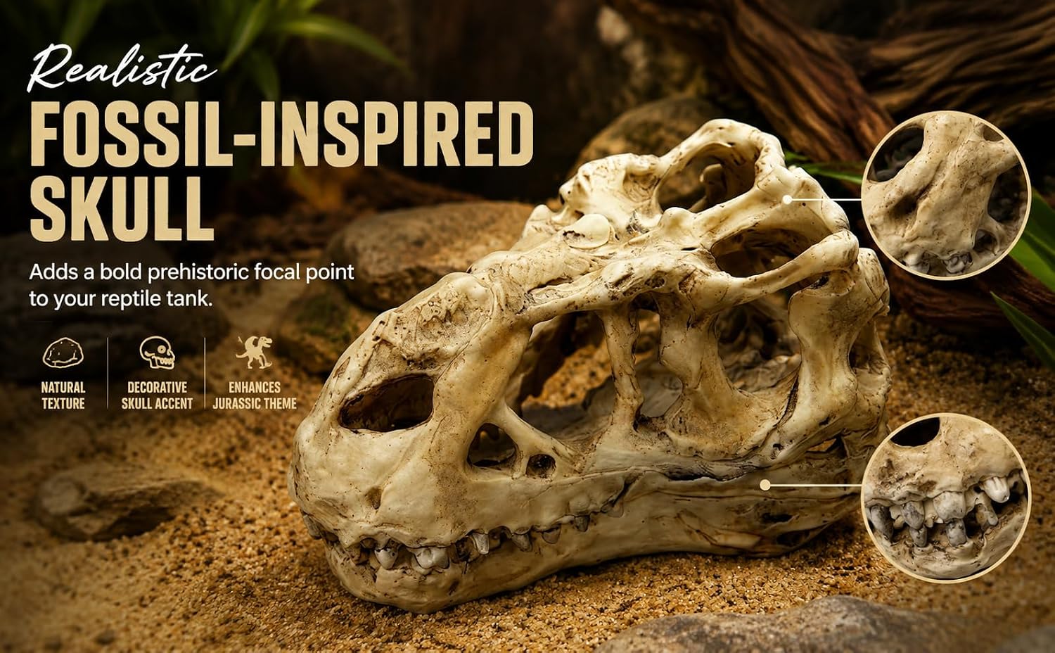 Reptile Tank Accessories Set, Dinosaur Skull Decor with Footprint Reptile Bowl and Artificial Plant, Bearded Dragon Tank Accessories