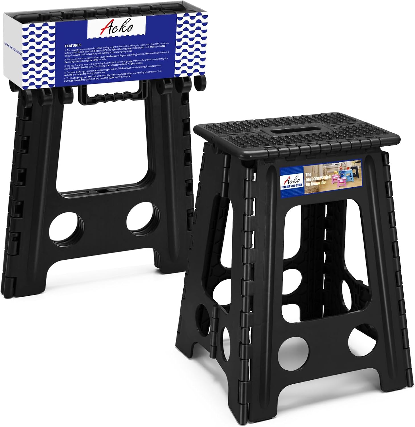 ACKO 13 Inch Folding Step Stool, Holds 300 lb for Adults and Kids, Black | Collapsible Heavy Duty Foldable Stools, Portable Non-Slip Foot Stepping stool, Kitchen Bathroom Bedroom Outdoor with Handle
