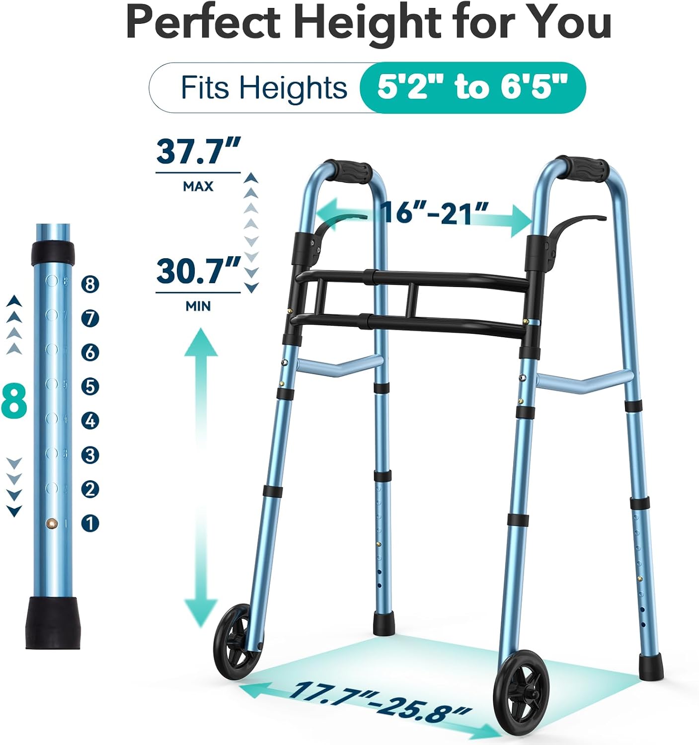 HOMENURSE Folding Walkers for Seniors with Skis, Width & Height Adjustable | Narrow Walker with 5" Wheels for Small Spaces, Aluminum Lightweight Standard Rolling Walker, Supports Up to 300lbs, Silver