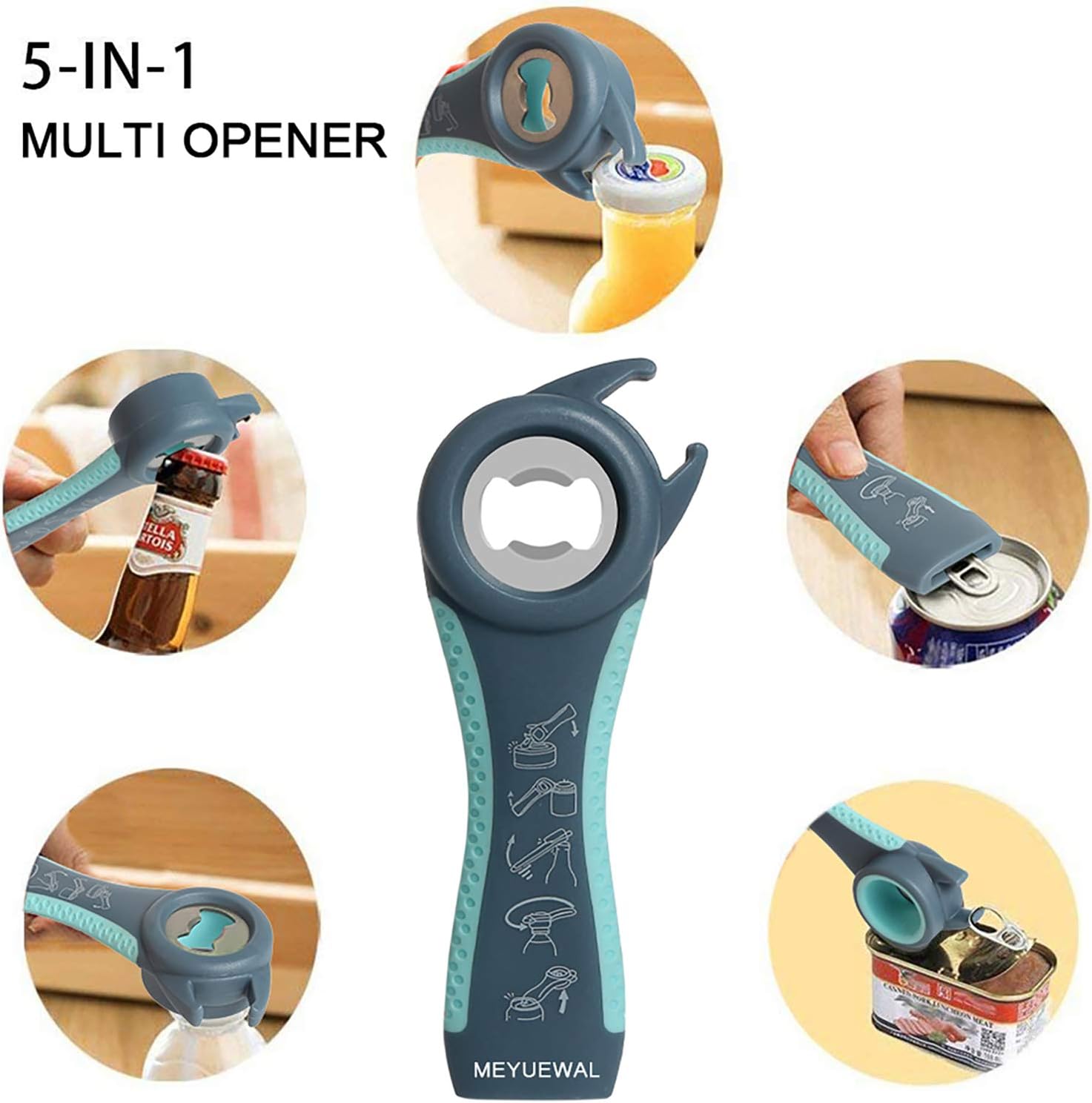Jar Opener, 5 in 1 Multi Function Can Opener Bottle Opener Kit with Silicone Handle Easy to Use for Children