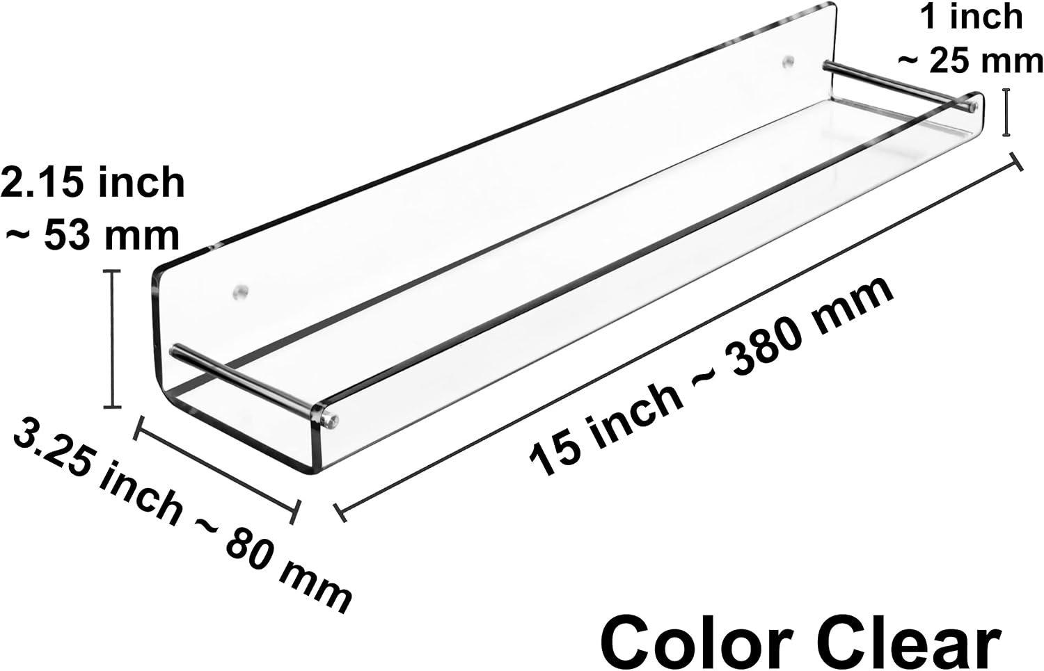 AMT 2 Pack Acrylic Floating Shelves, 15" L x 4" W, Clear Bathroom Wall, Bookshelves, Invisible Display for Office, Bedroom