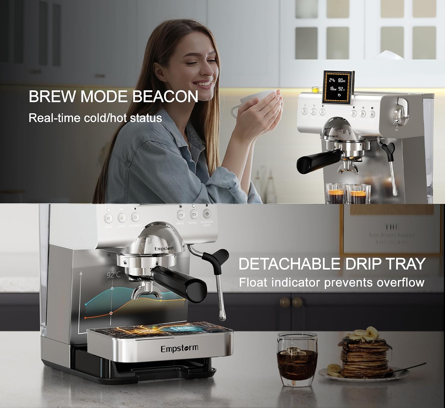 Empstorm CB2 20 Bar Espresso Machine with Milk Frother Steam 1350W Silver | LED Display Compact Espresso maker Cold Brew& Hot Coffee Maker