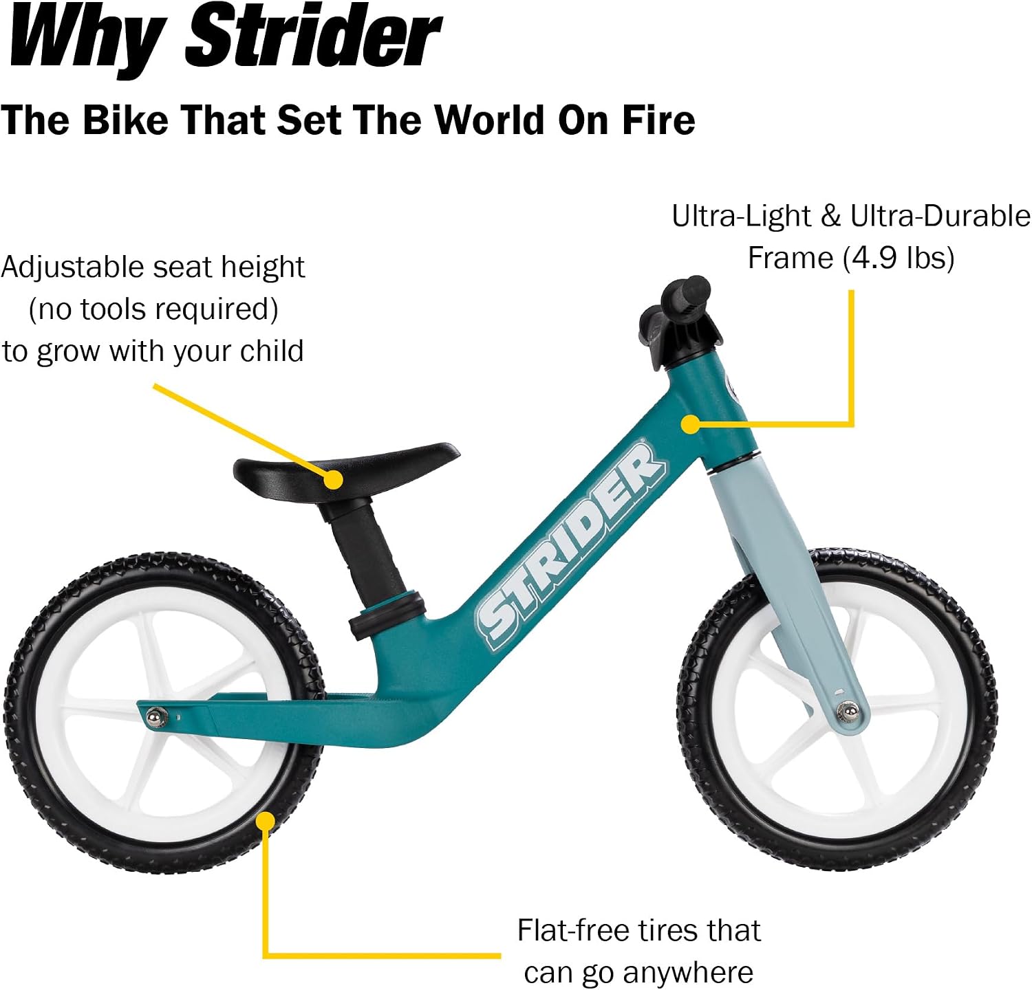 Strider 12 Comp, No Pedal Balance Bike for Kids Ages 1–3 Years | No-Pedal Composite Bike, Adjustable Seat, Lightweight Frame, Easy Assembly, Durable All-Weather Plastic, Never Flat Tires
