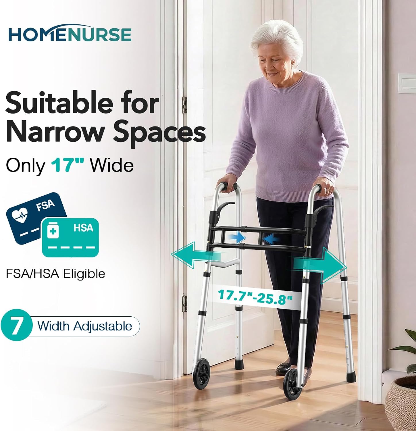 HOMENURSE Folding Walkers for Seniors with Skis, Width & Height Adjustable | Narrow Walker with 5" Wheels for Small Spaces, Aluminum Lightweight Standard Rolling Walker, Supports Up to 300lbs, Silver