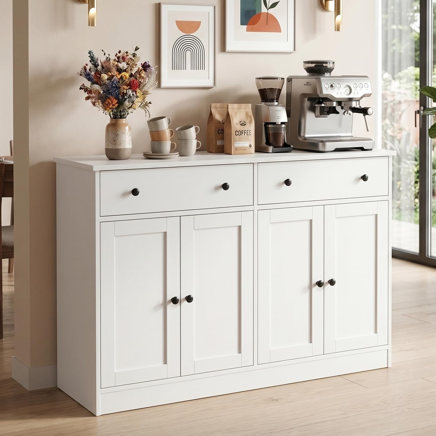 holzart White Buffet Cabinet with Storage, 49" Modern Kitchen Sideboard with 4 Doors & Adjustable Shelves, Wood Coffee Bar Cabinet Console Table for Dining Room, Living Room, Entryway
