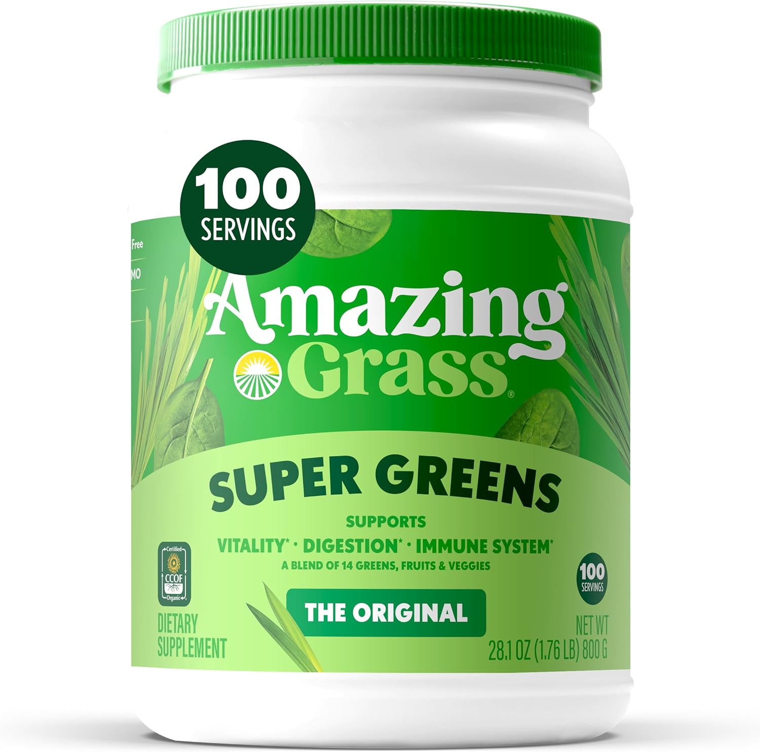 Amazing Grass Super Greens Powder Original, 60 Servings, 16.9 oz | Organic Greens Superfood Powder with Spirulina, Beet Root, Probiotics & Digestive Enzymes to Support Digestion